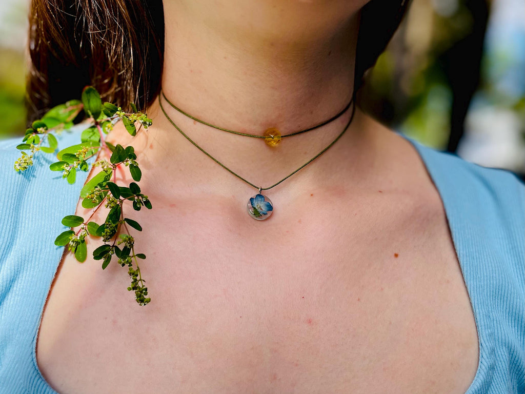 Handmade Cord Choker: Citrine Bead & Hydrangea Flower Charm November Birth Flower