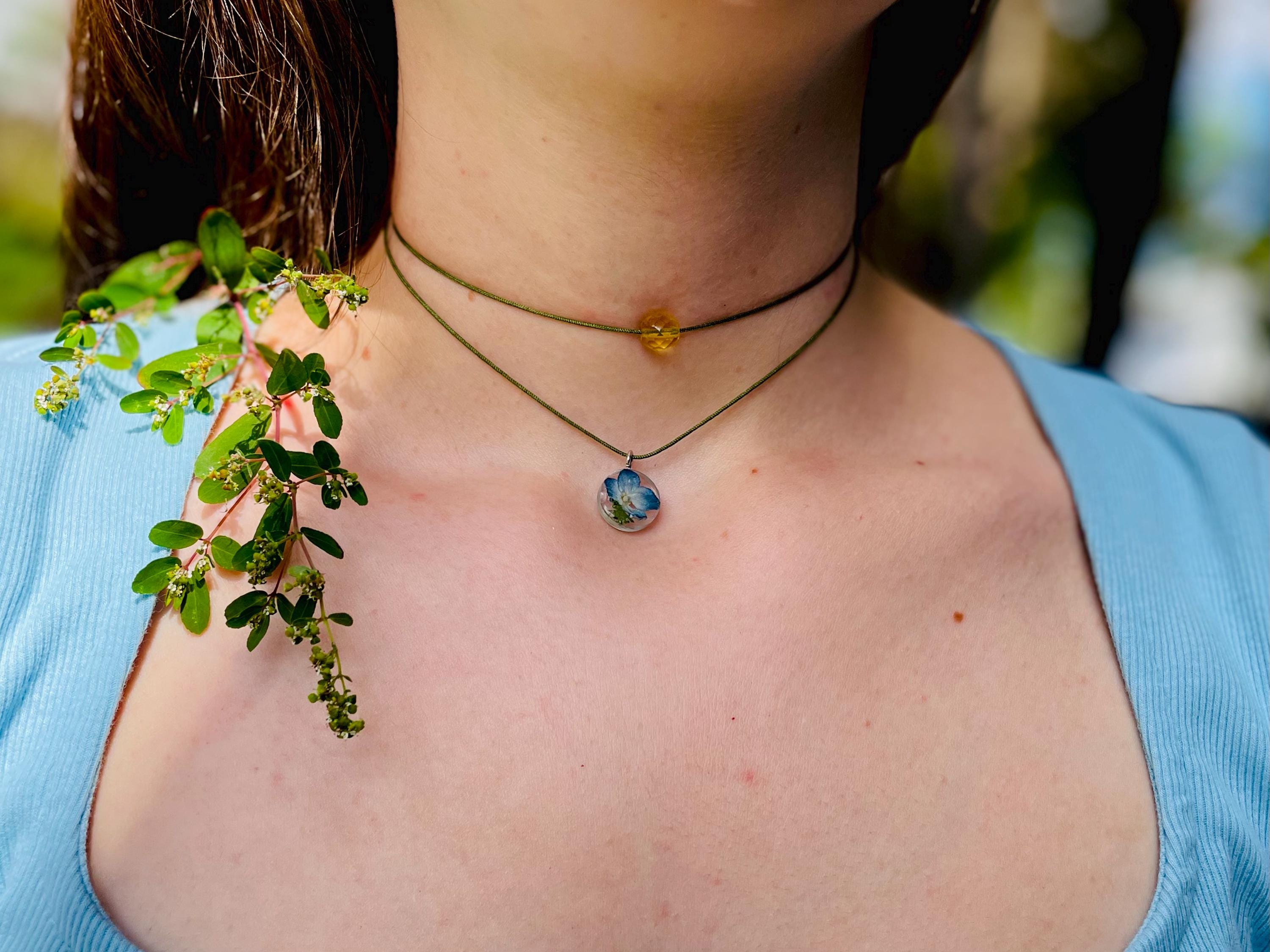 Handmade Cord Choker: Citrine Bead & Hydrangea Flower Charm November Birth Flower