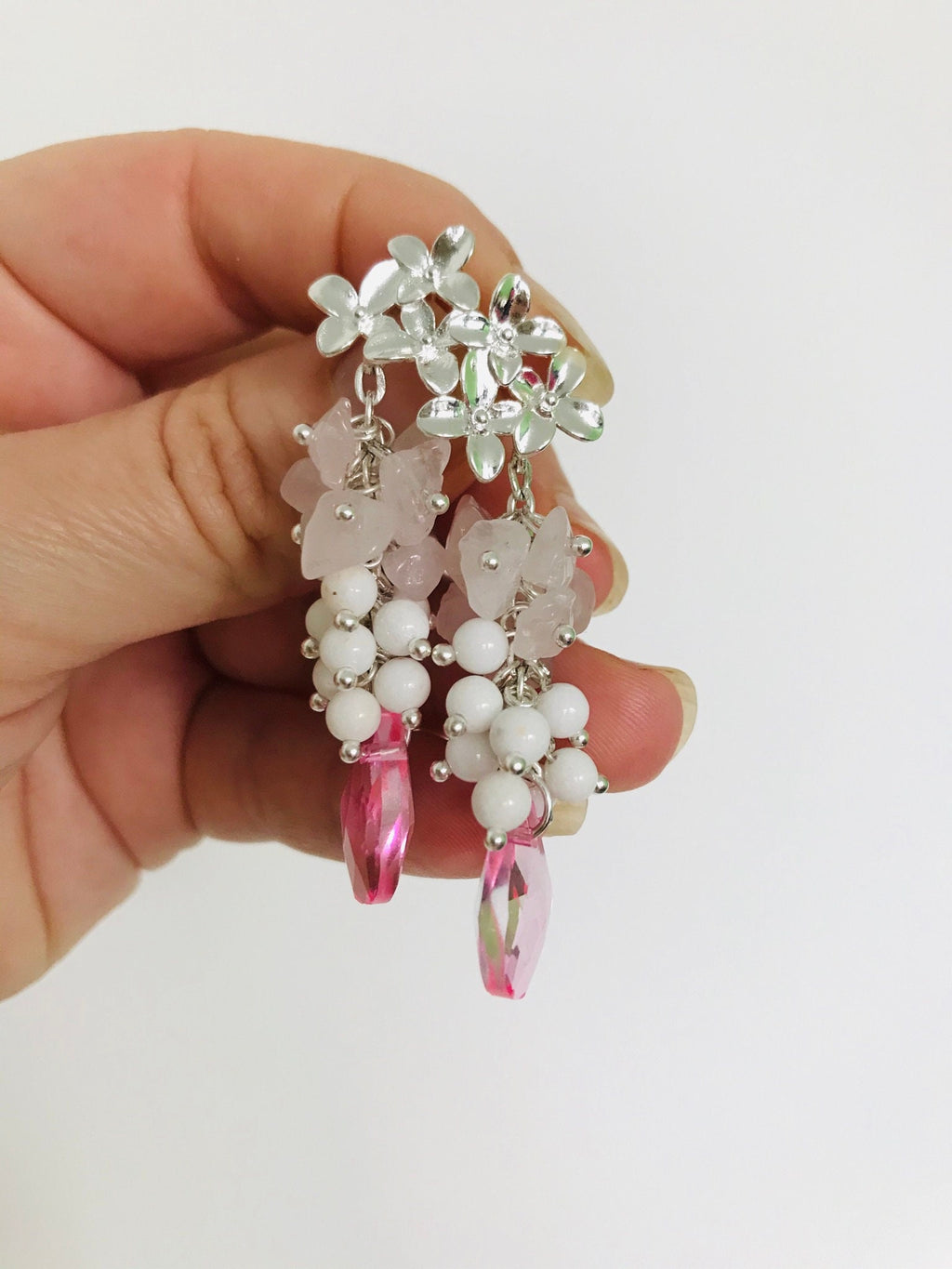 Rose Quartz Wedding Cluster Earrings Silver: Floral Statement Jewelry for Bride Libra gifts