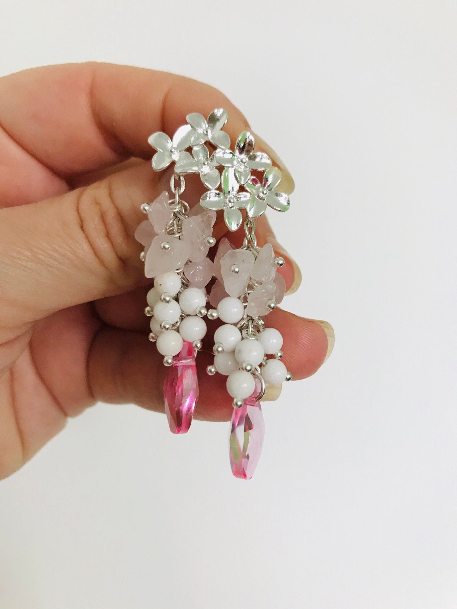Rose Quartz Wedding Cluster Earrings Silver: Floral Statement Jewelry for Bride Libra gifts
