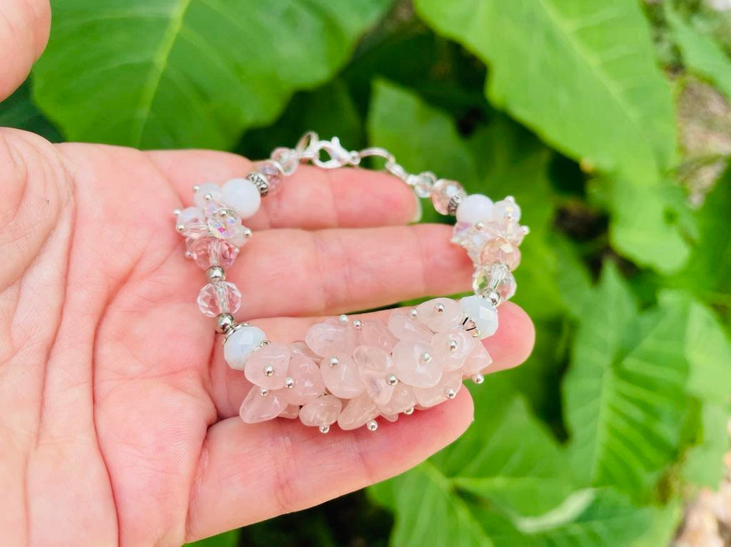 Raw Crystal Cluster Rose Quartz Bracelet Silver: Personalized Custom Birthstone Bridesmaid Jewelry Statement