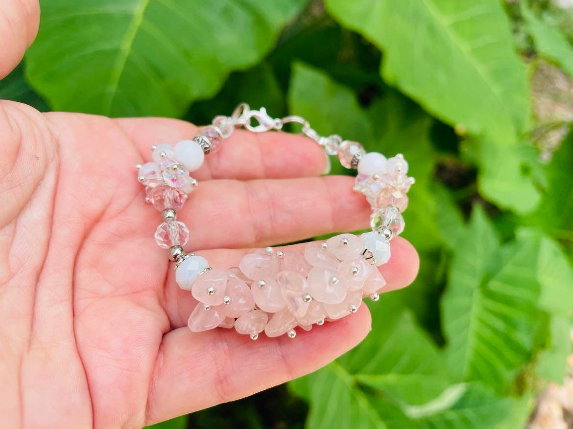 Raw Crystal Cluster Rose Quartz Bracelet Silver: Personalized Custom Birthstone Bridesmaid Jewelry Statement
