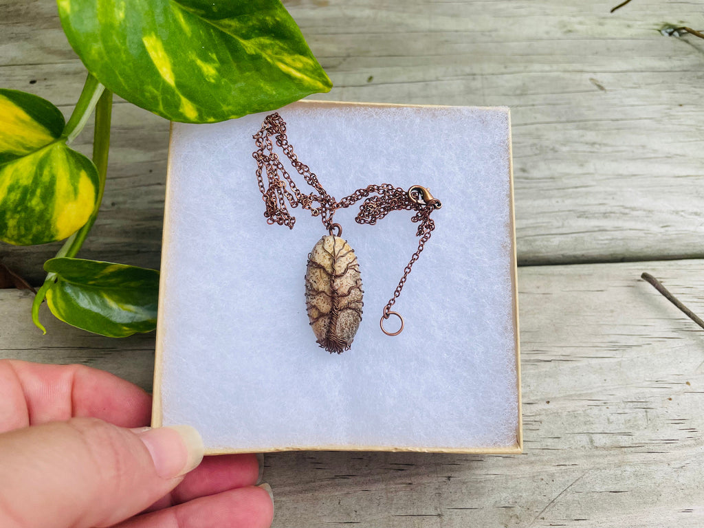 Dainty Copper Wire Wrapped Tree of Life Pendant Oval - Unique Picture Jasper Necklace for Men & Women