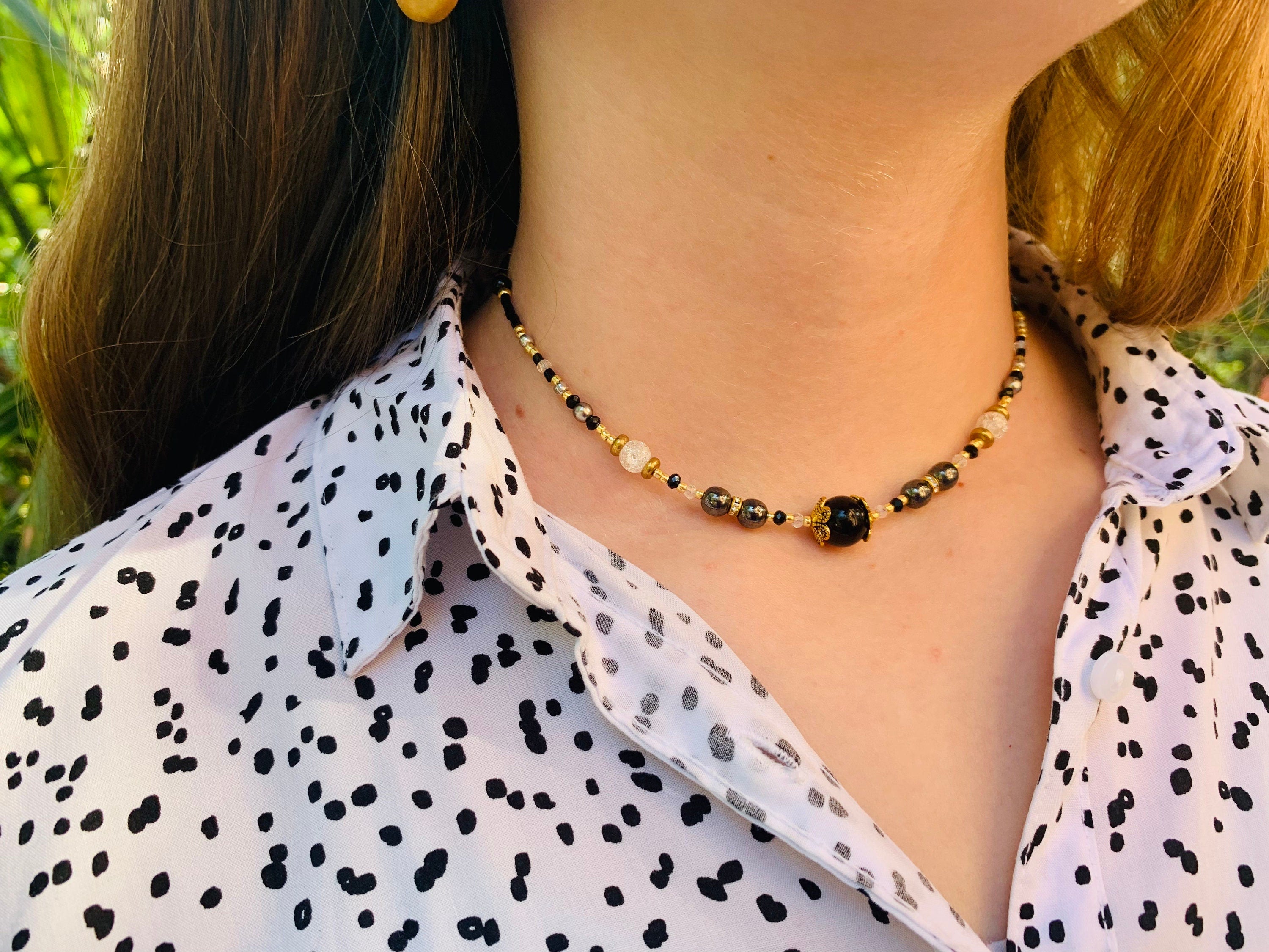 Minimalist beaded choker necklace with onyx hematite, black and gold beaded necklace, seed bead choker, handmade choker necklace for women