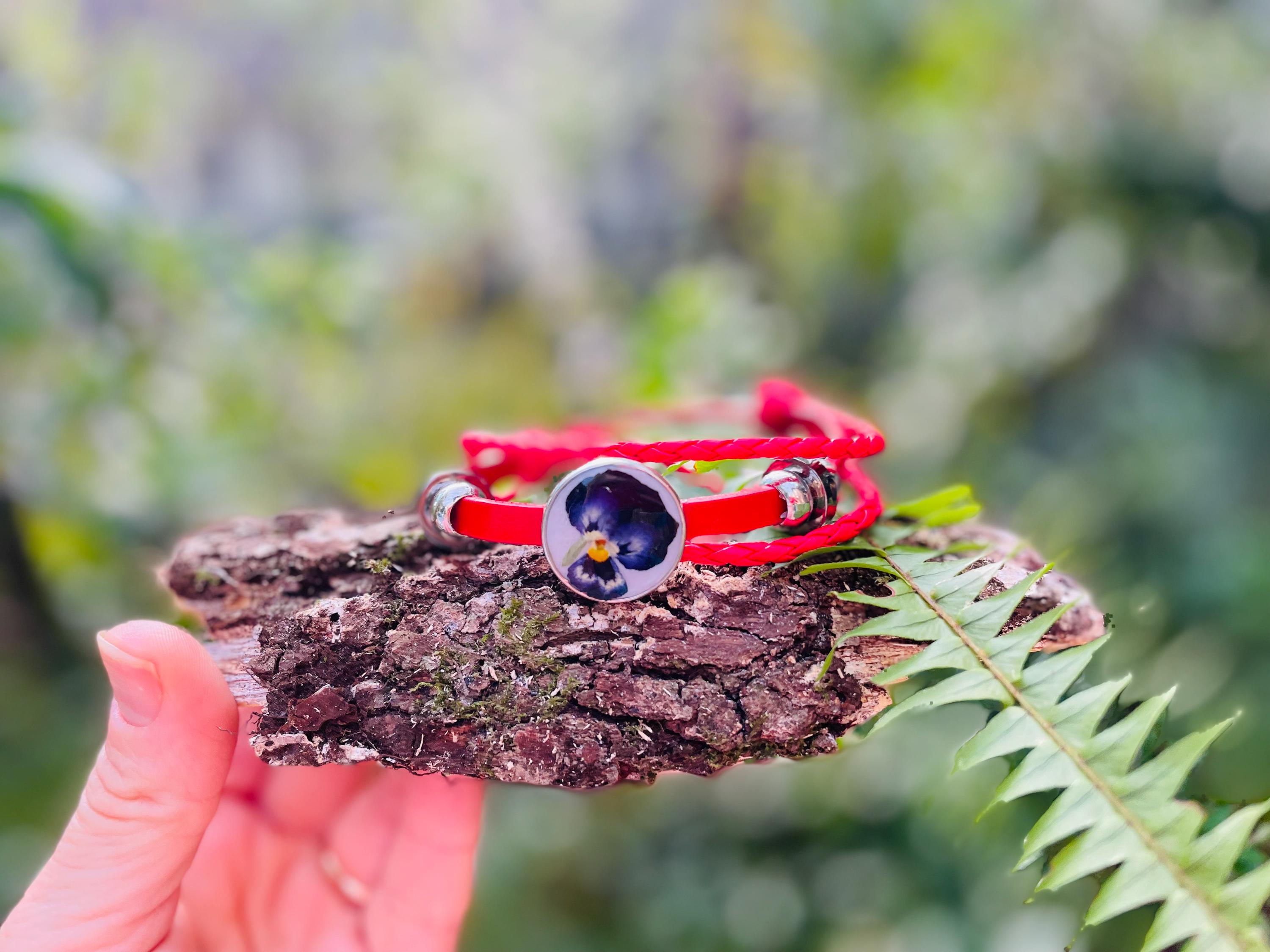Red Leather 3 Wrap Bracelet: Pansy Violet February Birth Flower, Beaded Boho Jewelry