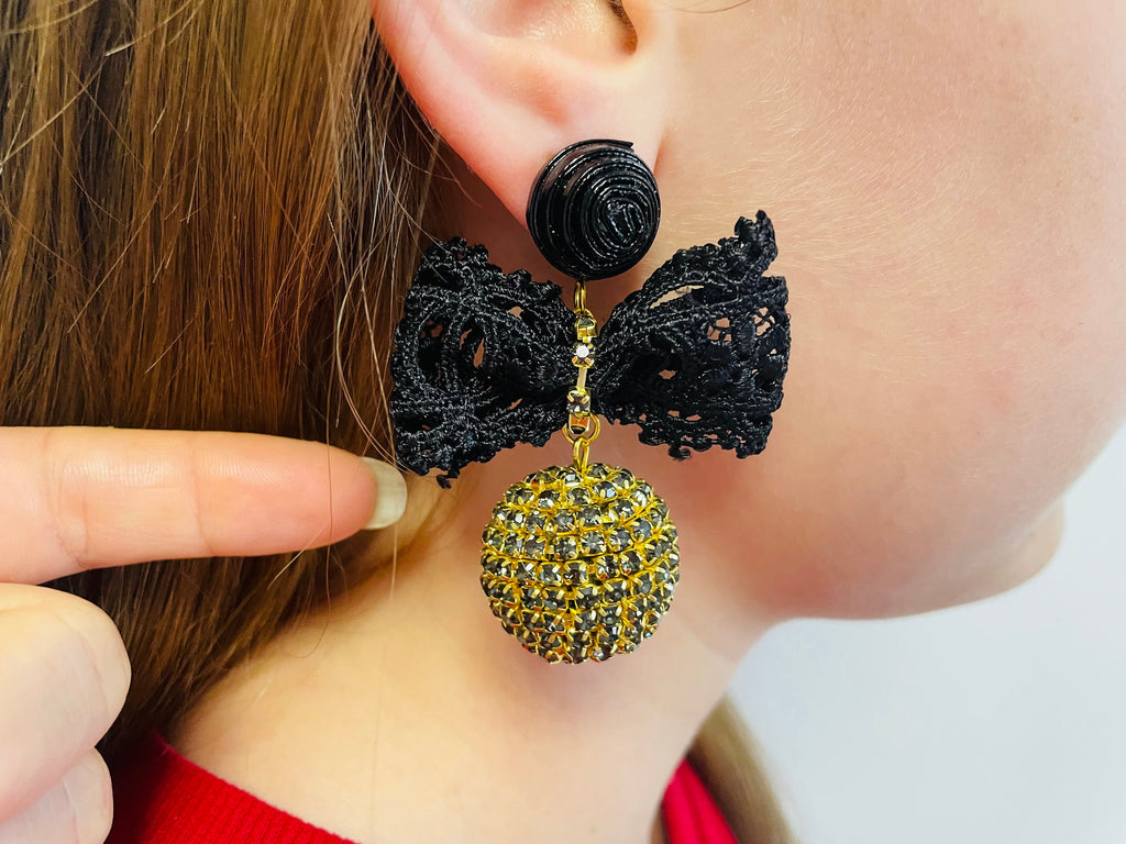 Rhinestone wrapped ball with velvet lace bowknot bonbon earrings, Black bow and gold sphere clip-on earrings, Knotty Bows gift for her
