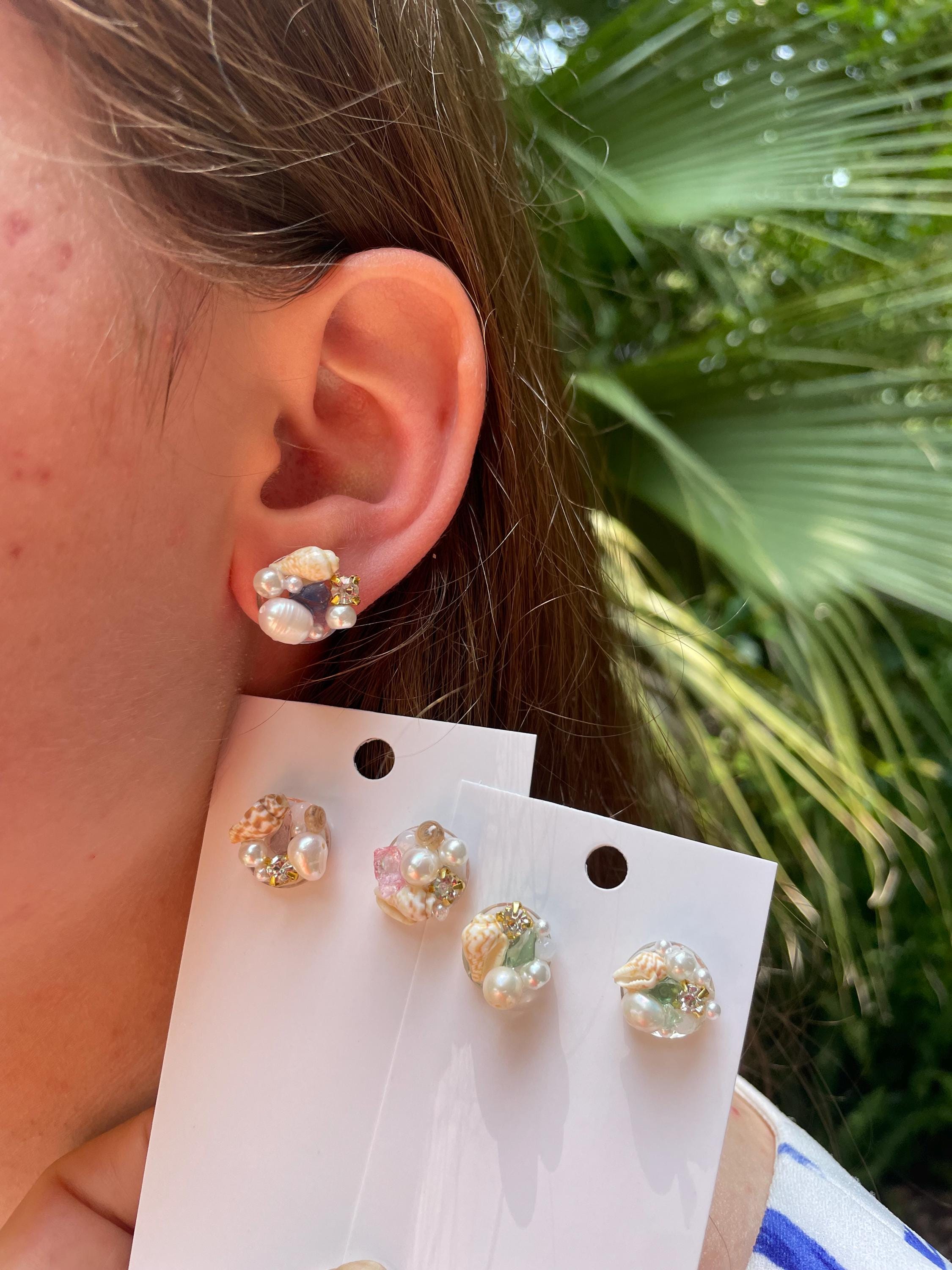 Real Shell Pearl Stud Earrings: Ocean Resin Sea Glass, Beach Bridal Jewelry