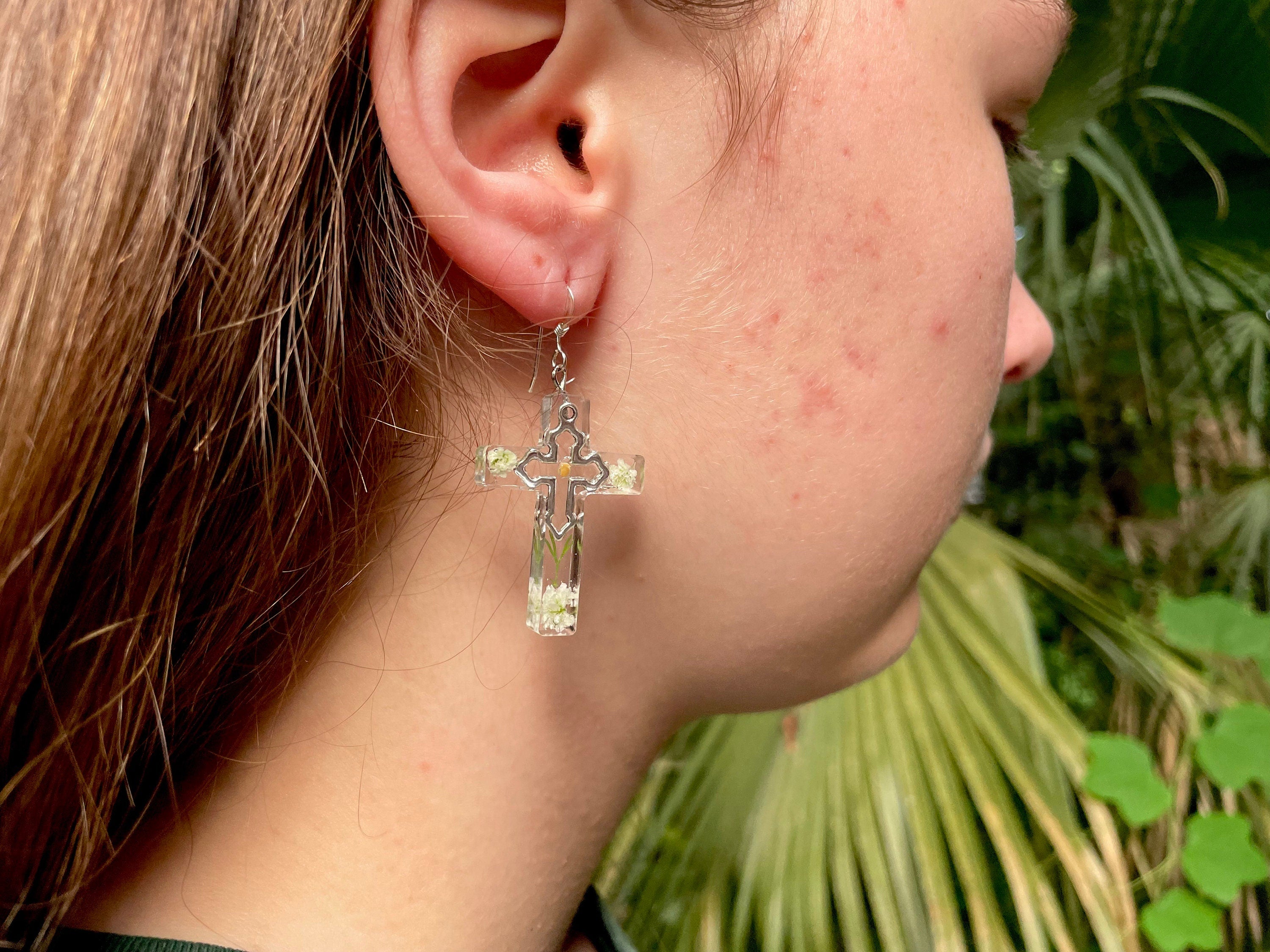 Resin Cross Earrings: Silver, Mustard Seed, Baby's Breath, Birthstone