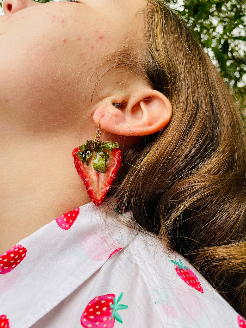 Real Strawberry Earrings Resin: 14K Gold Filled Red Fruit Jewelry for Galentine Day