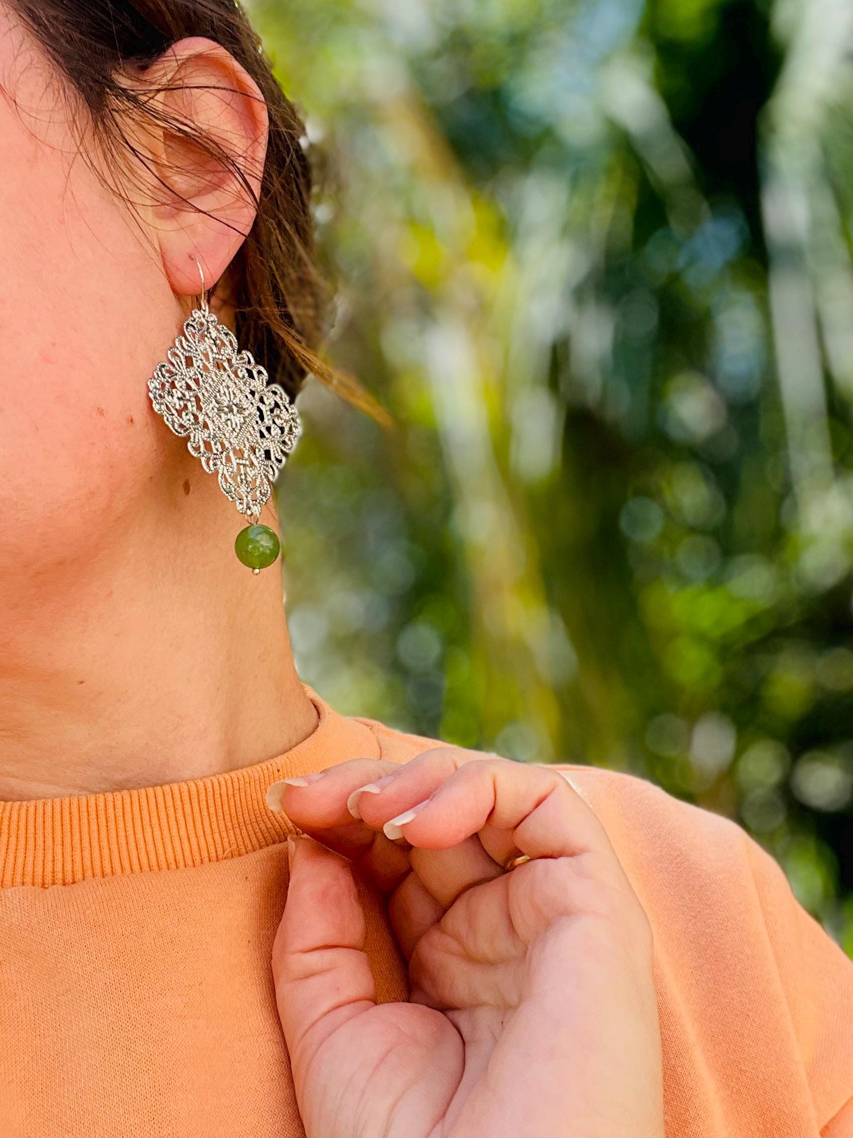 Silver Filigree Dangle Earrings: Sage Green Jade, Boho Bohemian