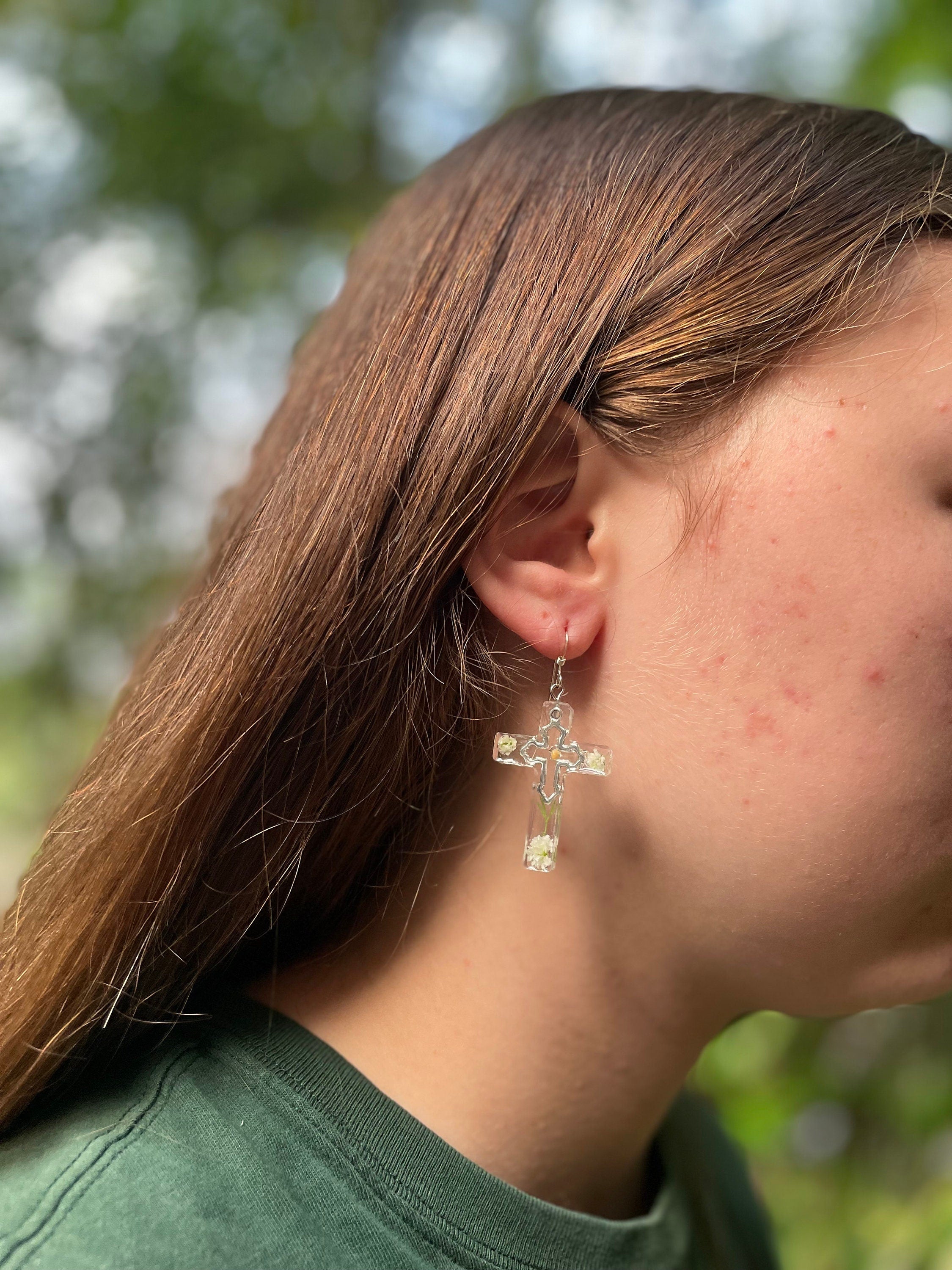 Resin Cross Earrings: Silver, Mustard Seed, Baby's Breath, Birthstone