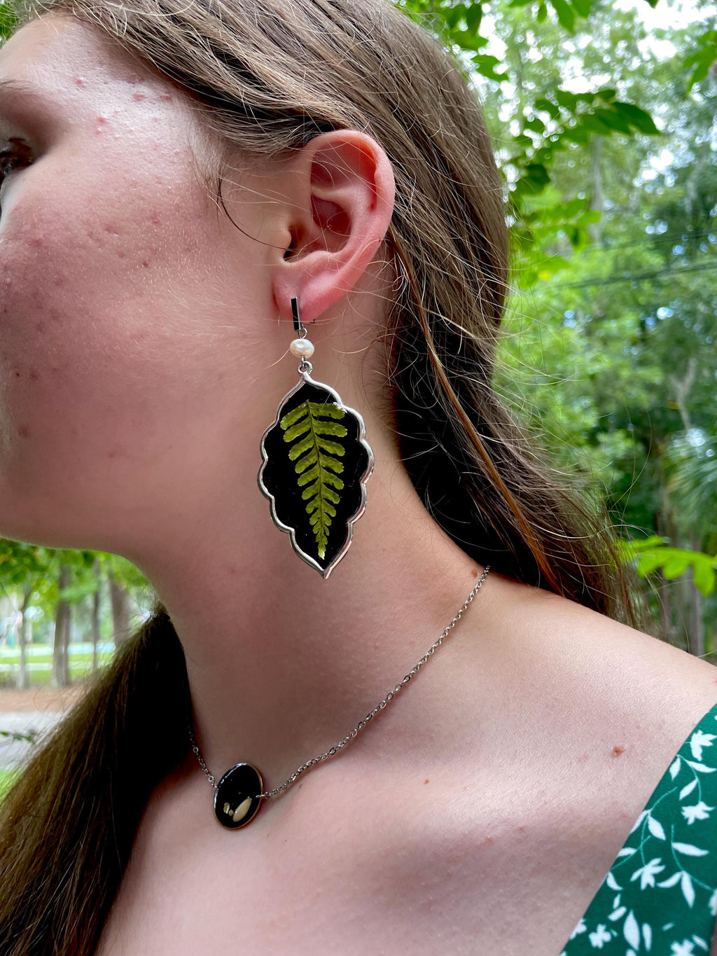 Fern Leaf Baroque Pearl Earrings: Gothic Resin Statement Jewelry
