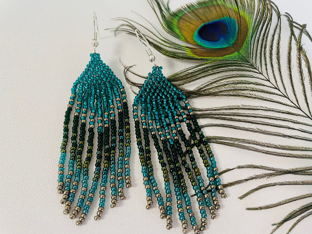 Emerald beaded earrings, Long earrings Fringe earrings, Ombre earrings Seed bead earrings, Chandelier earring Boho, beadwork earrings Dangle