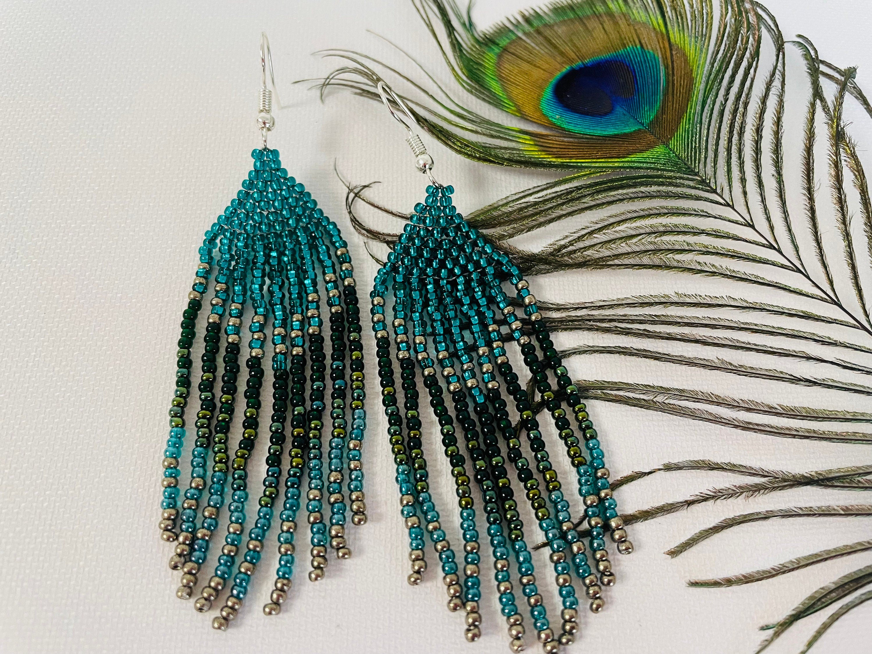 Emerald beaded earrings, Long earrings Fringe earrings, Ombre earrings Seed bead earrings, Chandelier earring Boho, beadwork earrings Dangle