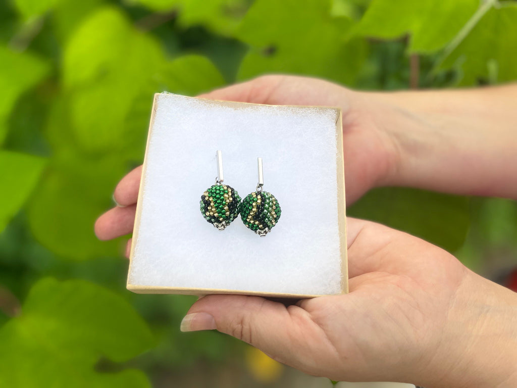 snake print earrings, beaded dangle Green Serpent one ball earrings, Snake Skin Jewelry, Asp Gift Modern Bonbon earrings, Halloween earrings