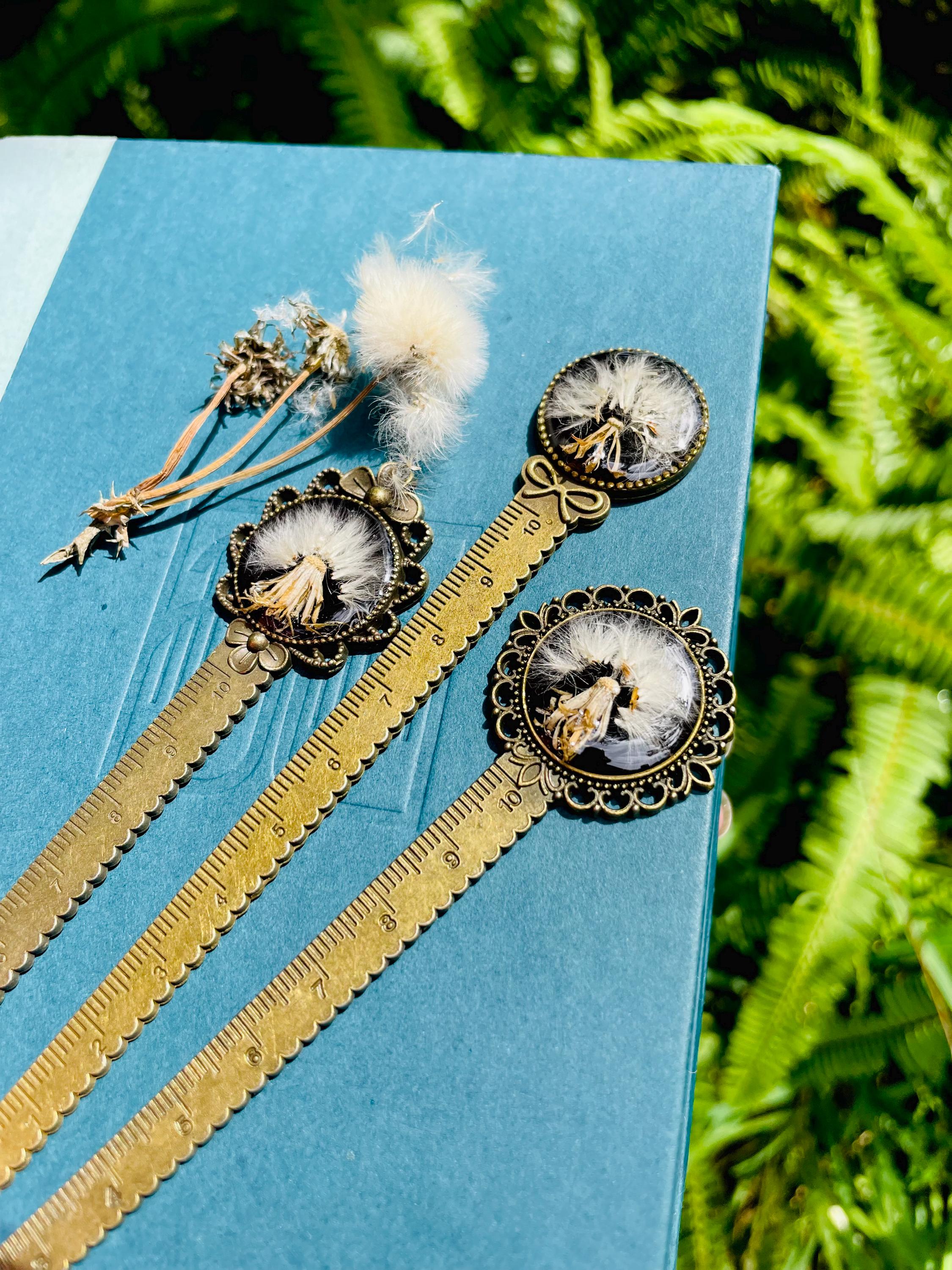 Bronze Metal Fox Bookmark with real Mushrooms Fern and Pressed Flowers - Woodland Style Bookish Gift