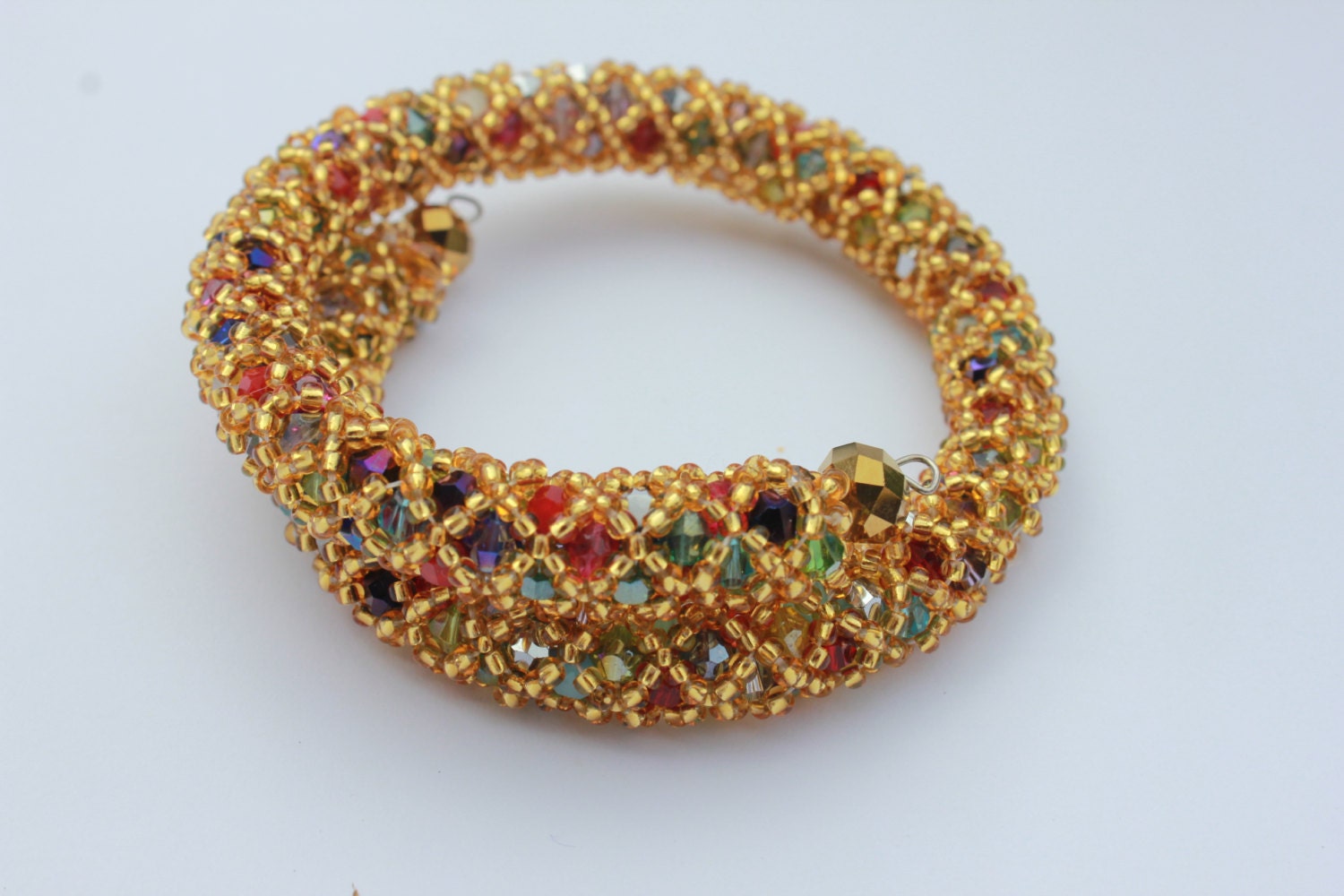Bracelet. Mothers day gift for wife girlfriend. Gold beaded bracelet with rainbow crystals, handmade jewelry multicolored statement jewelry