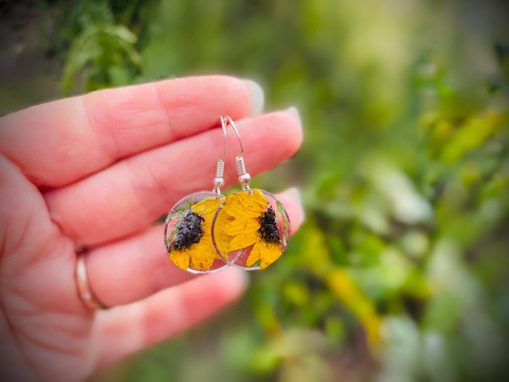 Real Pressed Sunflower Earrings: Sterling Silver Dangle Resin Jewelry