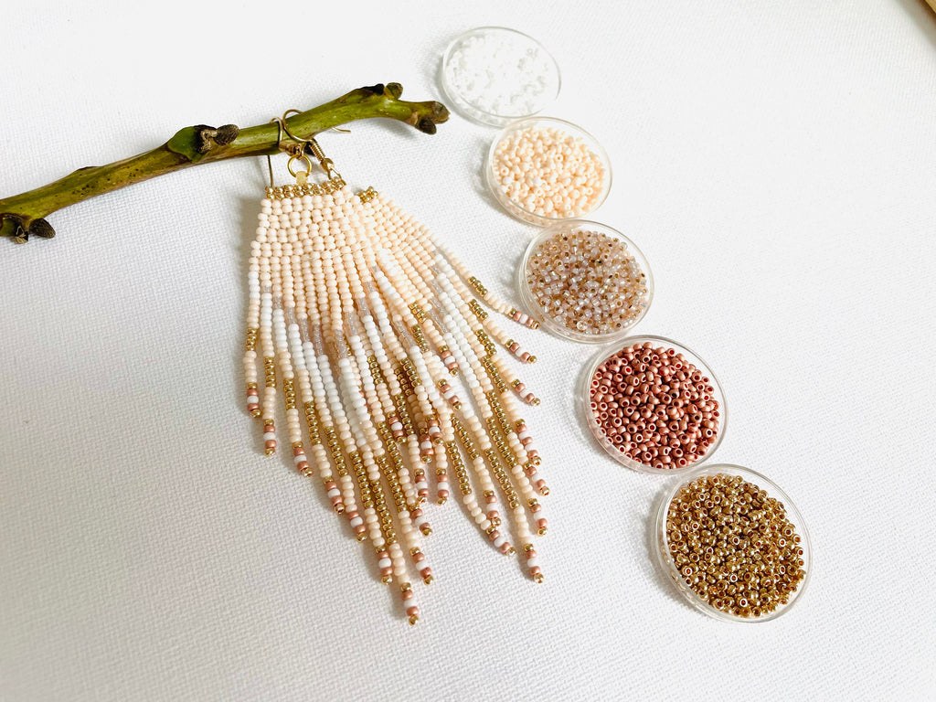 Native American style seed bead earrings beige gold white, native style beaded earrings, modern boho fringe earrings for bride bridesmaids
