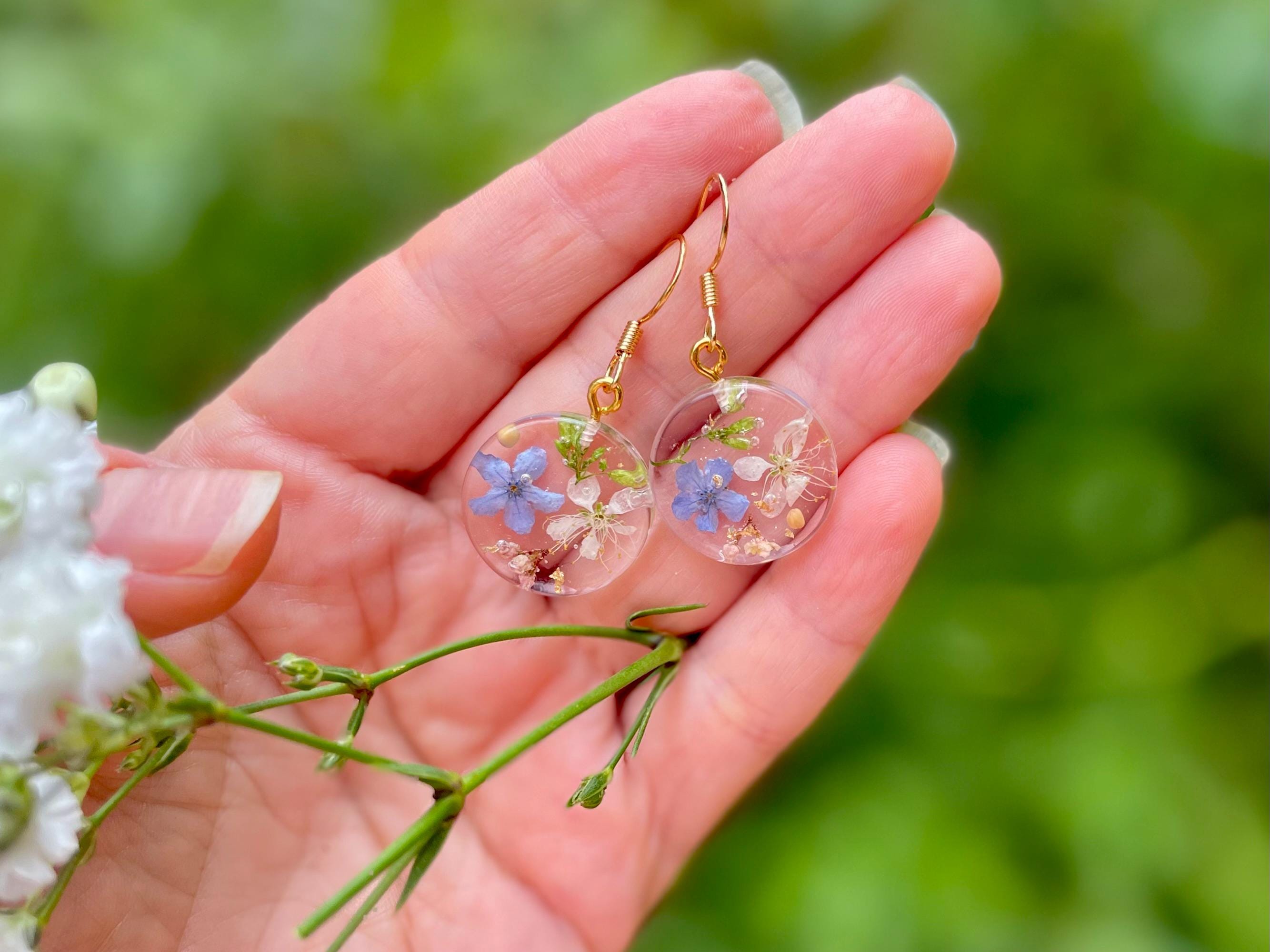 Real Pressed Flower Resin Earrings: Forget Me Not, Baby's Breath