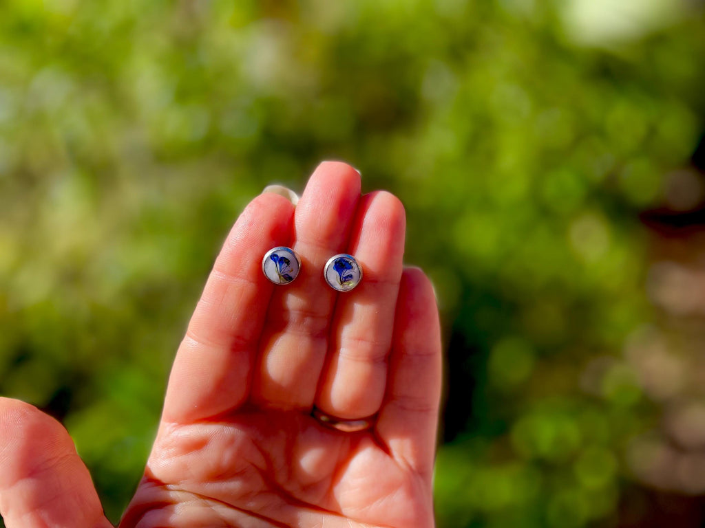 Tiny Pressed Blue Flower Earrings: Silver Resin Studs, Surgical Steel
