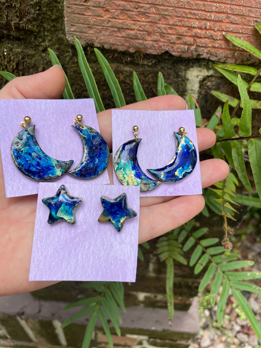 Galactic Blue Gold Moon and Star Clay Earrings Mismatched: Unique Handmade Astrology Jewelry