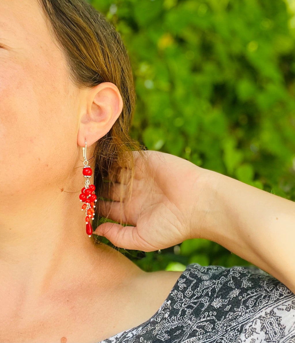 Valentines day Red coral statement earrings gift for women, mom birthday gift gemstone cluster earrings, unique gift for her dangle earrings