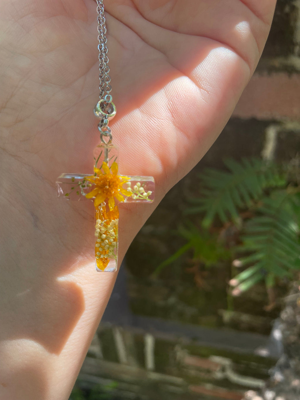 August Birth Flower Cross Necklace: Real Sunflower Resin Pendant, Handmade Jewelry
