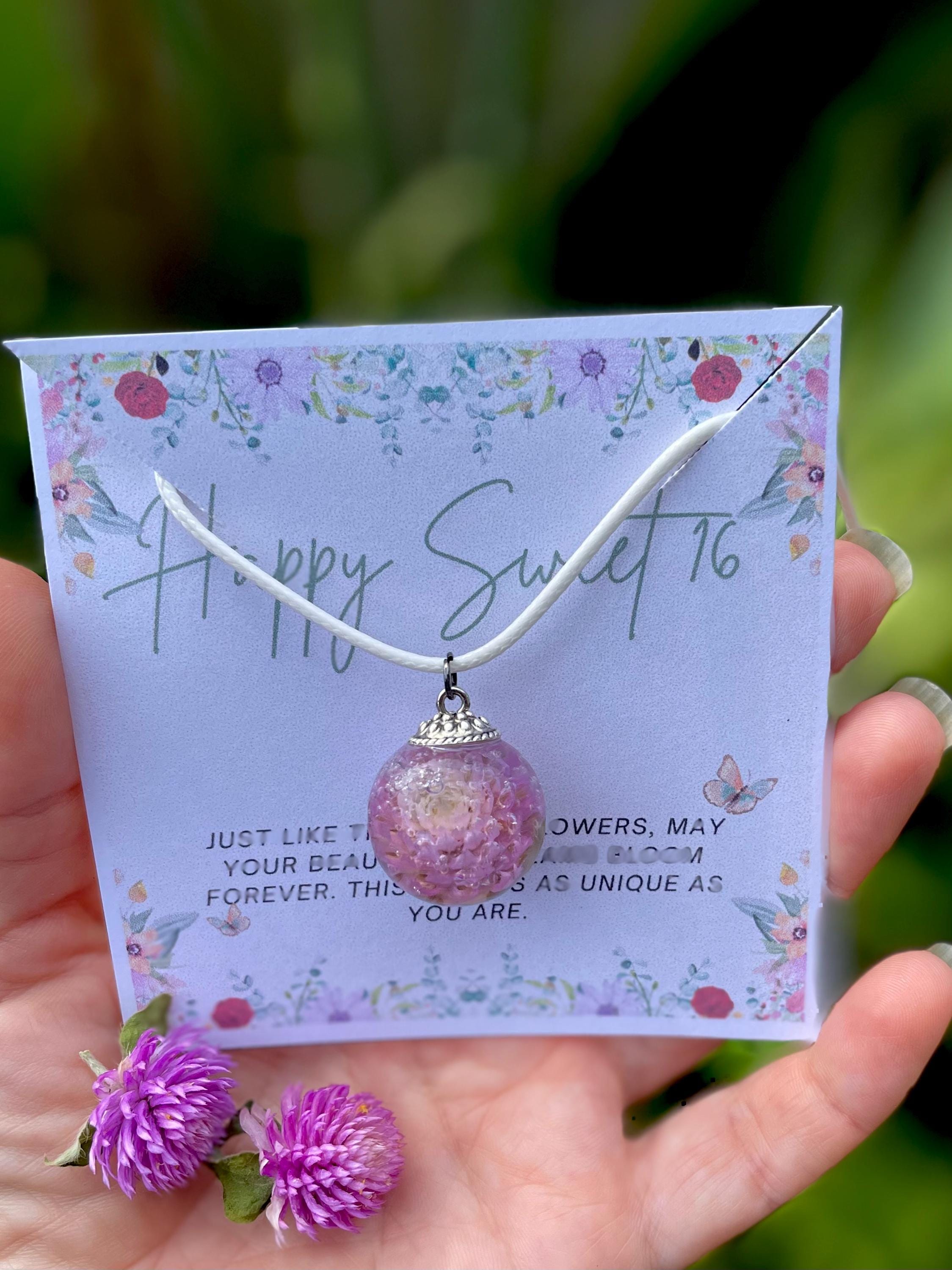 Sweet 16 Pink Flower Resin Pendant Necklace: Silver Chain or Leather Cord