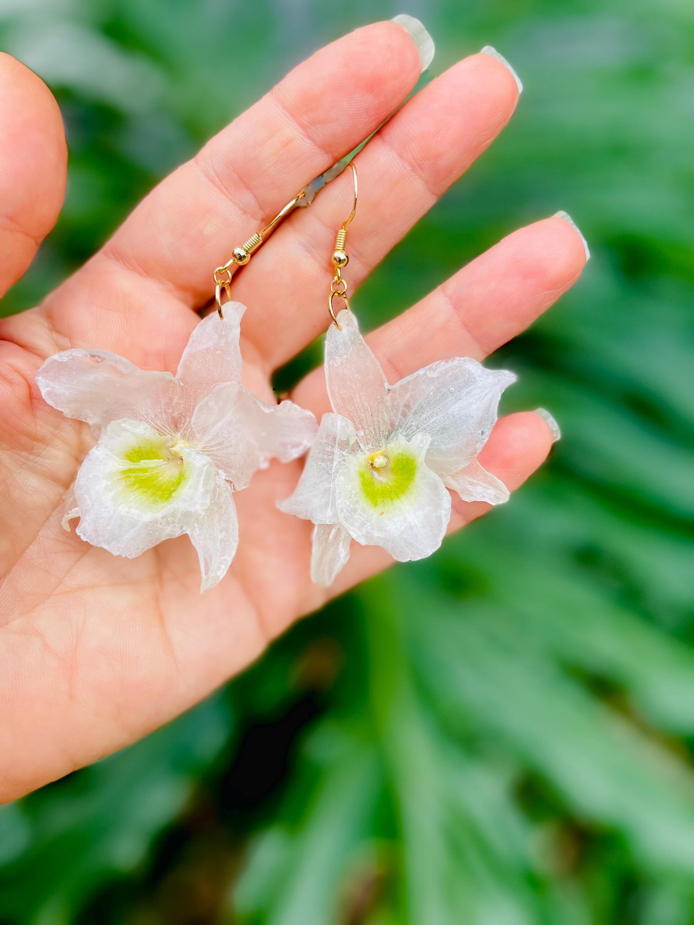 Real Orchid Wedding Earrings for Brides | White and Gold Floral Dangles, Resin Jewelry Gift for her