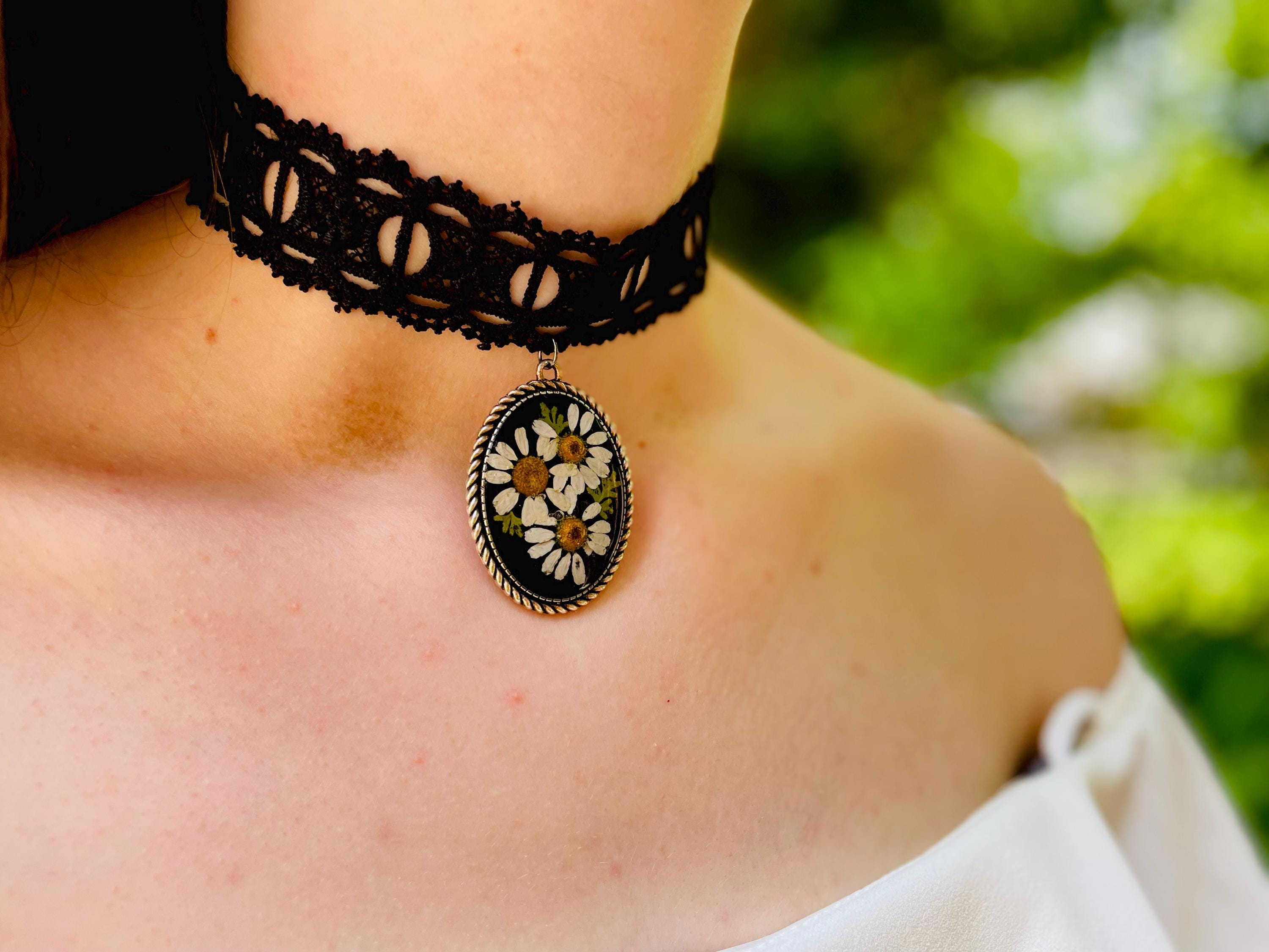 Whimsigoth Black Lace Choker: April Birth Flower Daisy Pendant, Gothic Collar