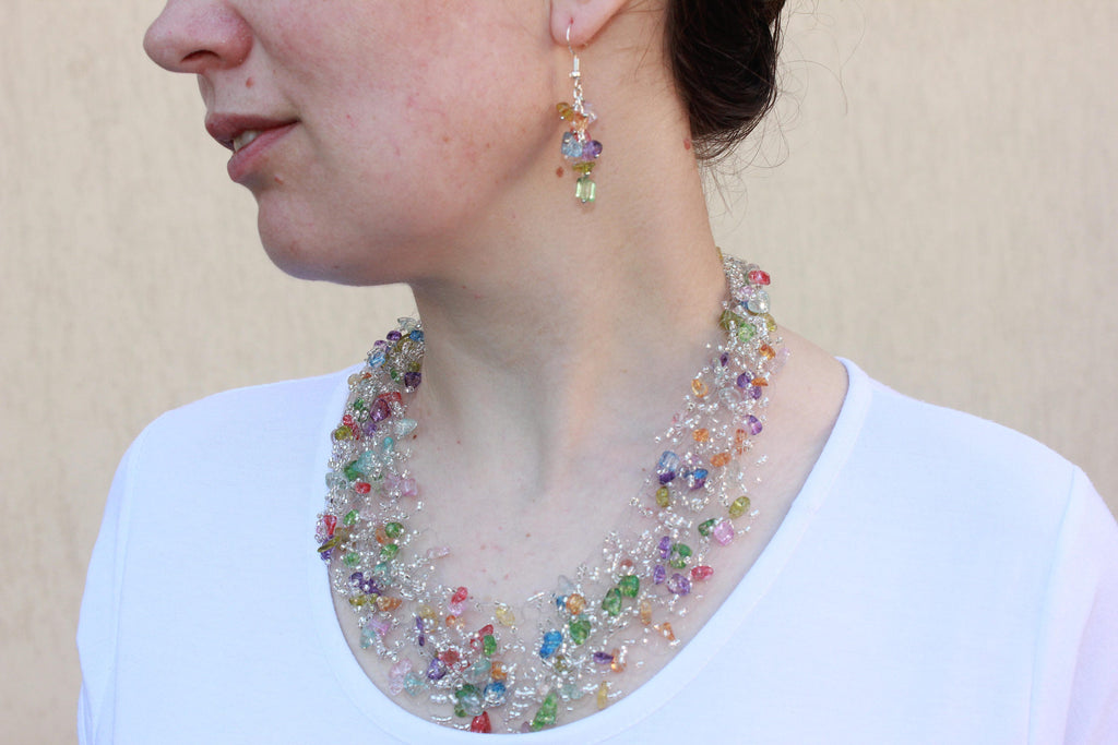 Rainbow assorted crystals necklace for women, bridal bohemian necklace silver, Gemstone Personalized necklace prom jewelry, Christmas gifts