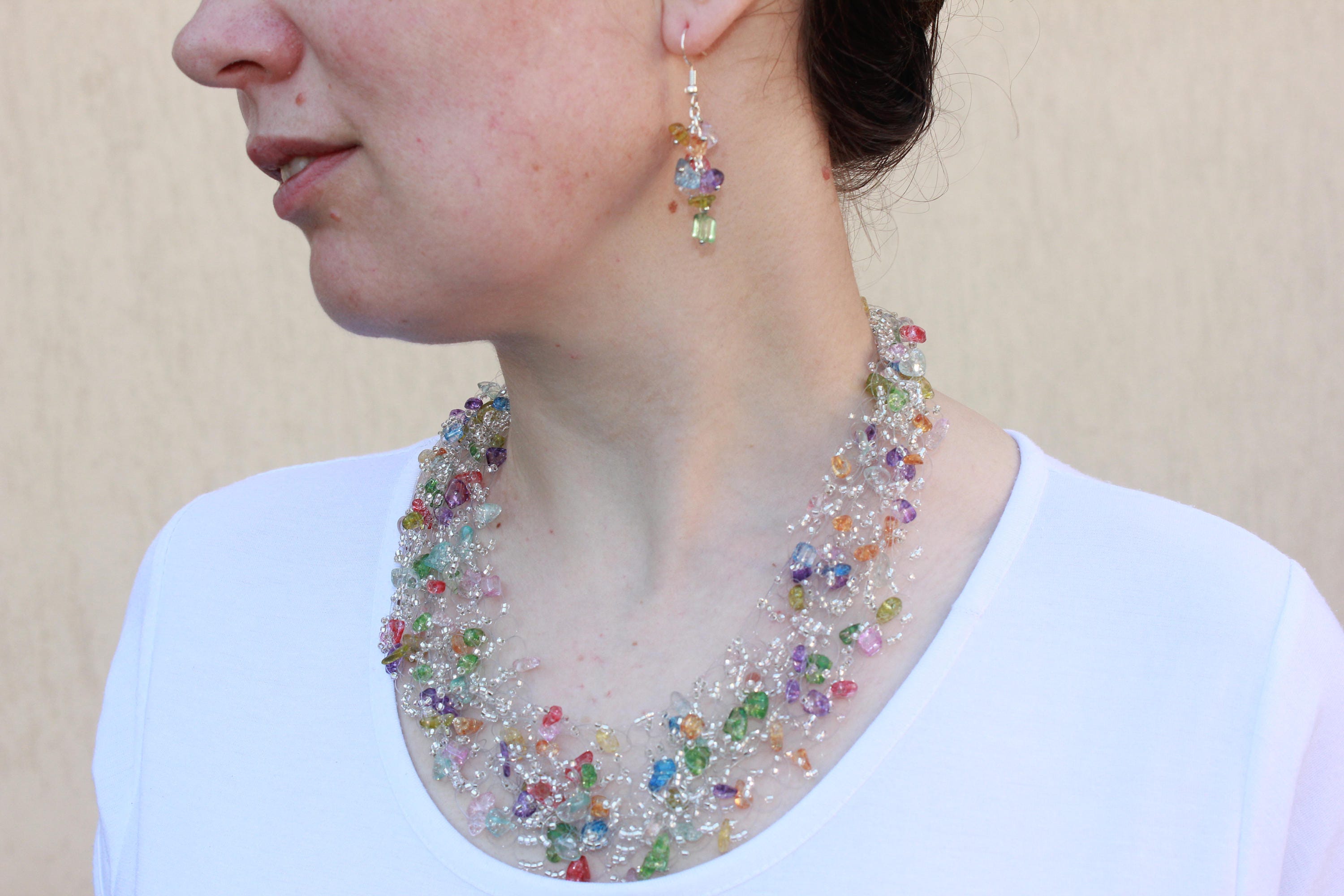 Rainbow assorted crystals necklace for women, bridal bohemian necklace silver, Gemstone Personalized necklace prom jewelry, Christmas gifts