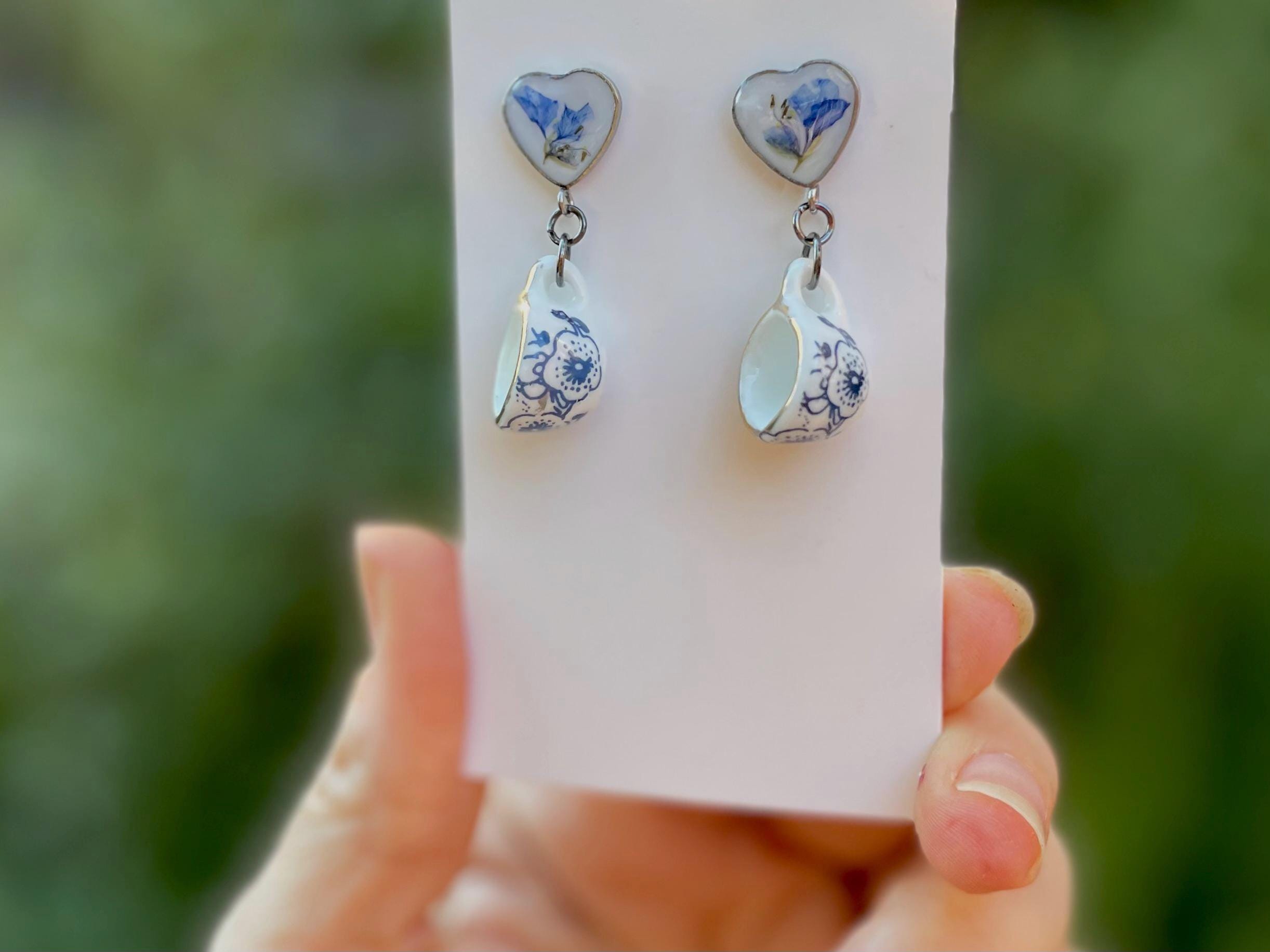 Tea Cup Dangle Earrings: Pressed Flower Heart, Blue & White Porcelain Studs 20th Anniversary