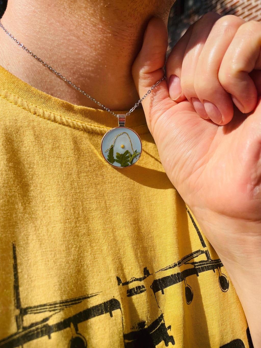 Mountain Fern Mustard Seed Necklace for Men/Women: Silver Sky Blue Pendant