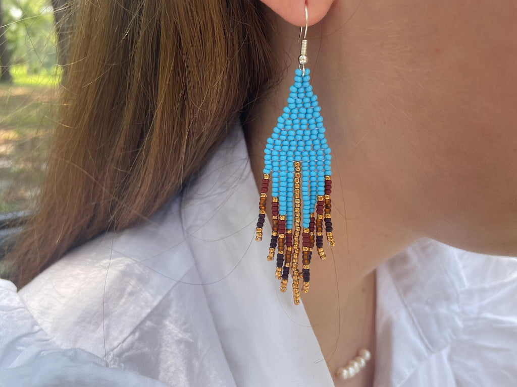 Turquoise and rust earrings handmade, blue boho earrings Fringe beadwork earrings unique holiday gift for her Seed bead dangle earring Long