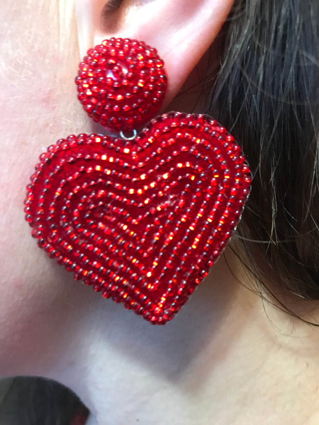 Valentines day heart earrings beaded | Red pink black big heart earrings clip on unique handmade valentines day gift for her wife girlfriend