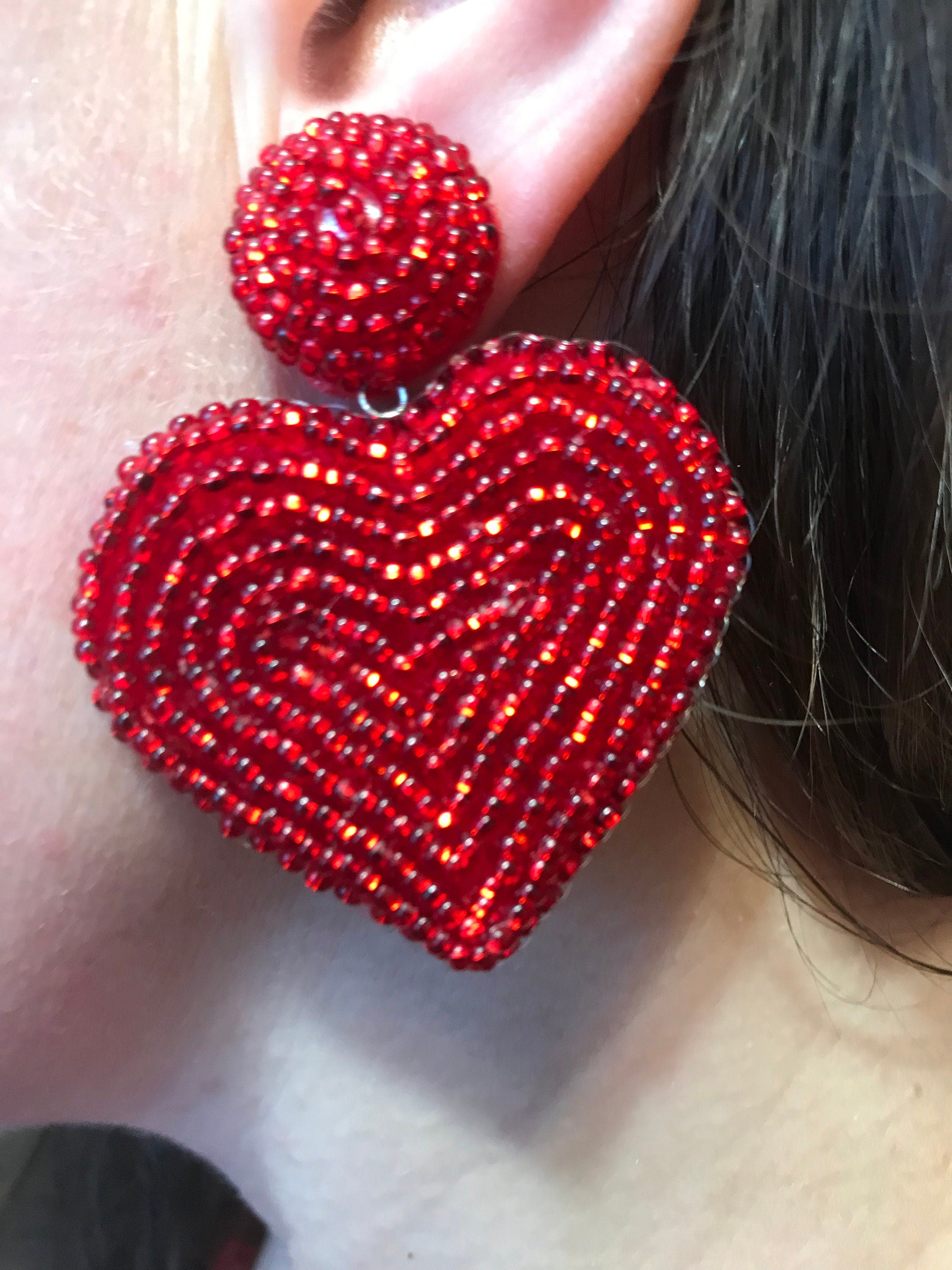 Valentines day heart earrings beaded | Red pink black big heart earrings clip on unique handmade valentines day gift for her wife girlfriend