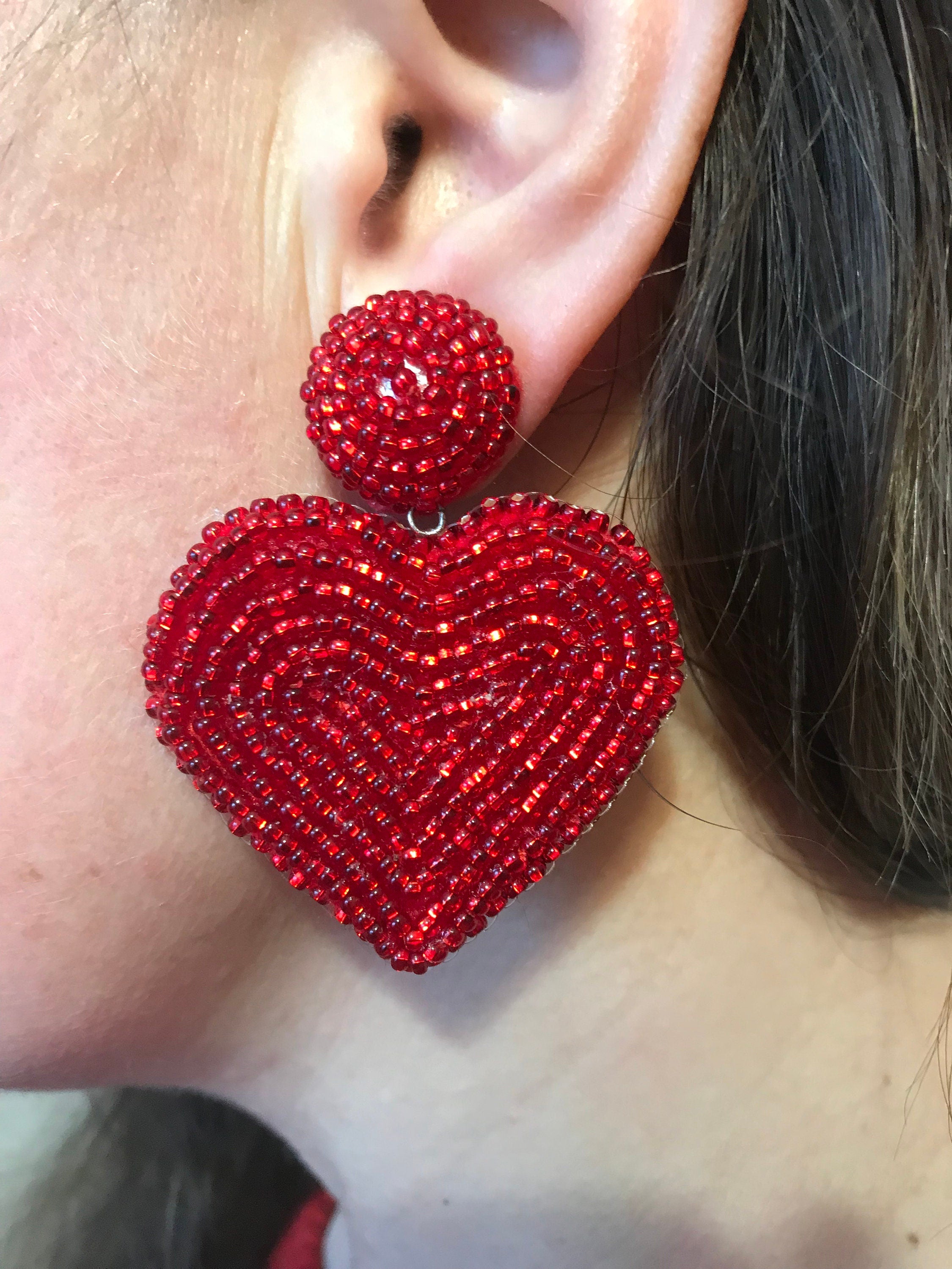 Valentines Day Red Beaded Heart Statement Earrings, best friend gifts, seed bead earrings heart, heart earrings dangle, anniversary gift her