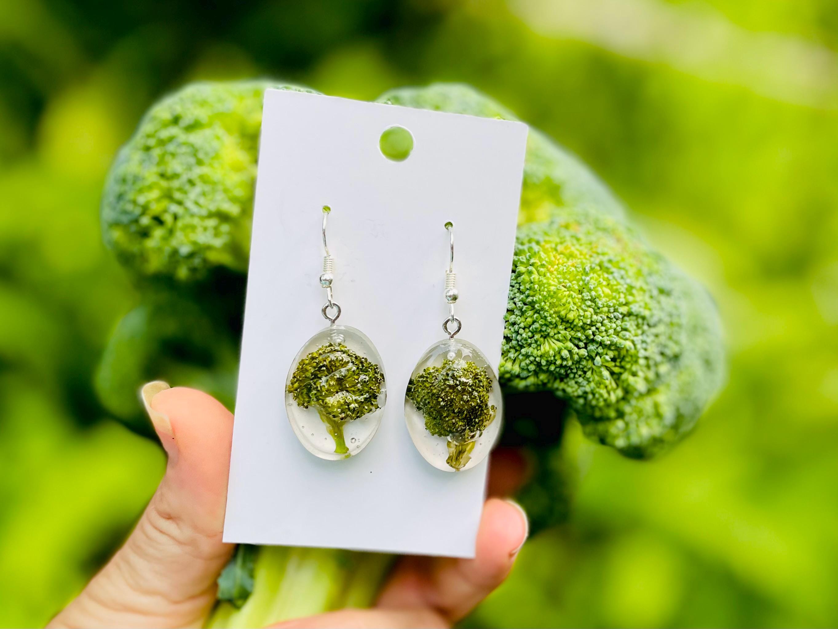 Real Broccoli Earrings: Handmade Resin Food Jewelry, Sterling Silver