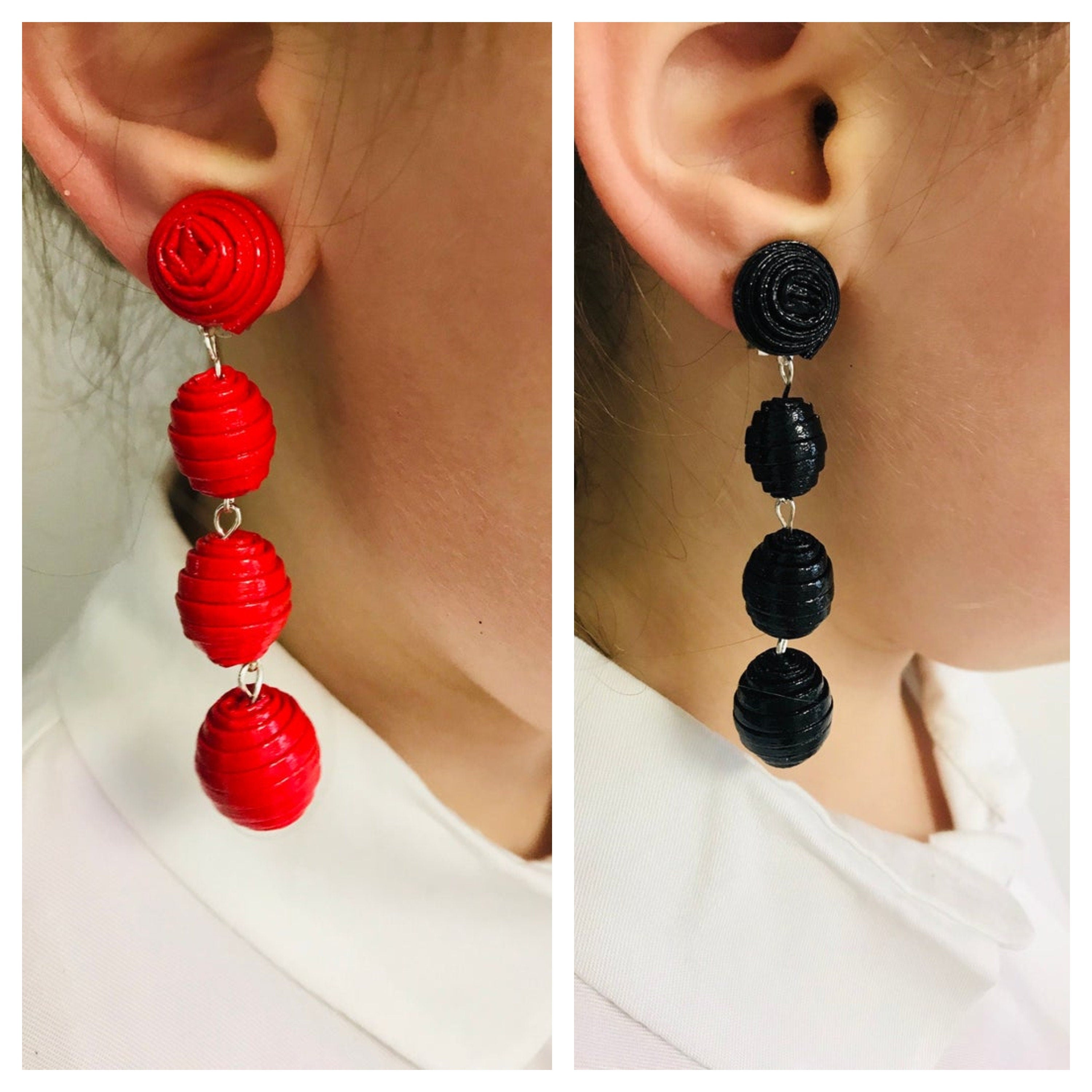 Black red faux leather bon bon earrings, layered leather earrings for women, long beaded earrings clips, three Ball Rebecca earrings dangle