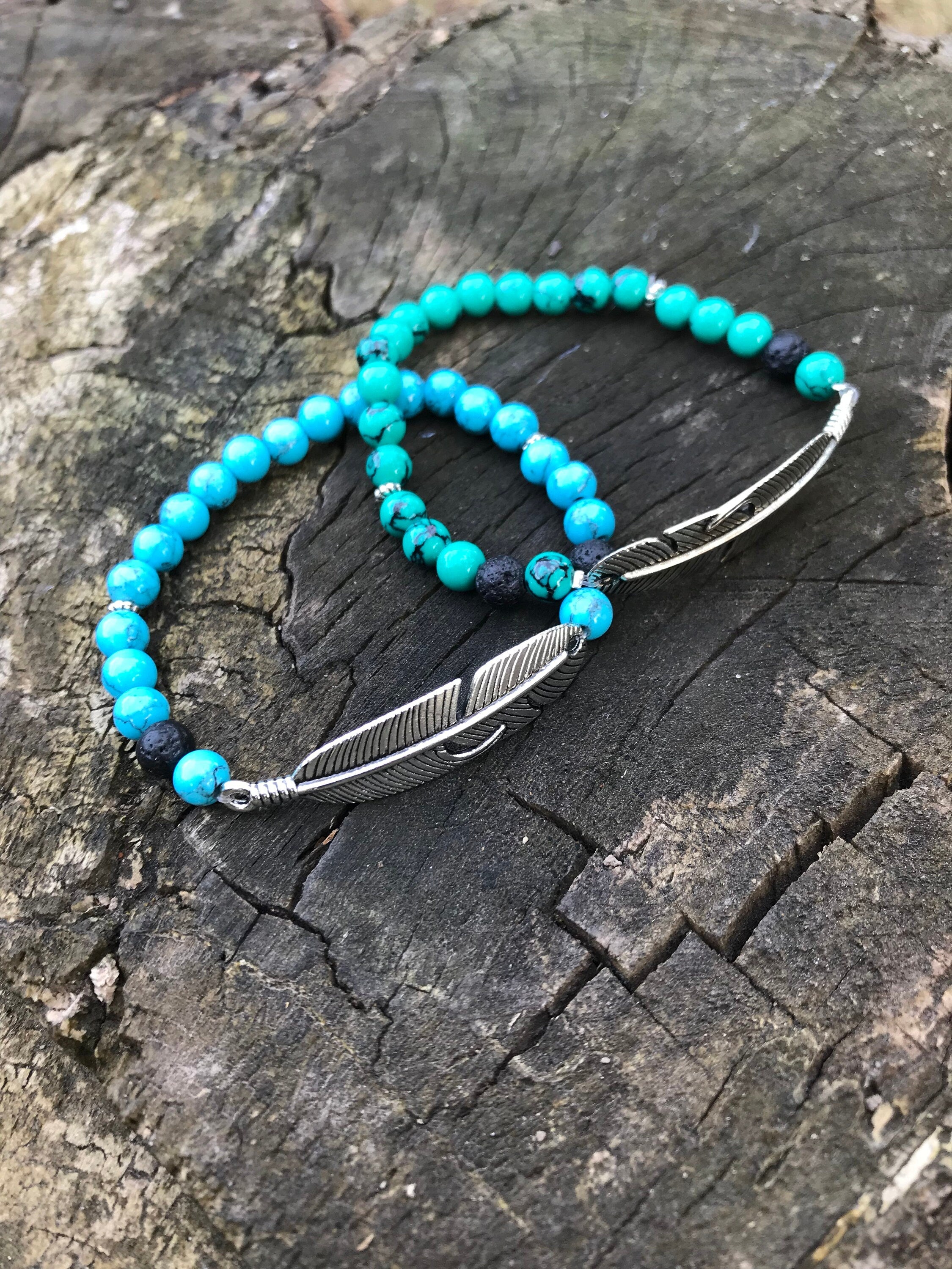 Feather Bracelet, Turquoise couple bracelet, Silver Feather Bracelet for Men or Women, friendship bracelet, Christmas gifts for him husband