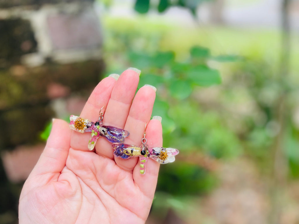 Dragonfly Earrings: Custom Birth Month Flower Pressed Resin Jewelry