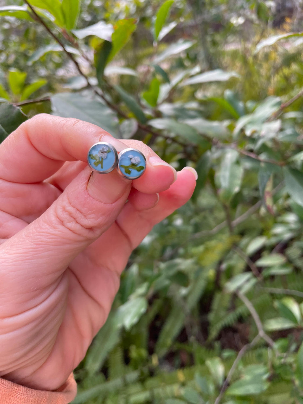 Aquamarine Blue Titanium Posts with Real Pressed Flowers: Tiny Floral Studs