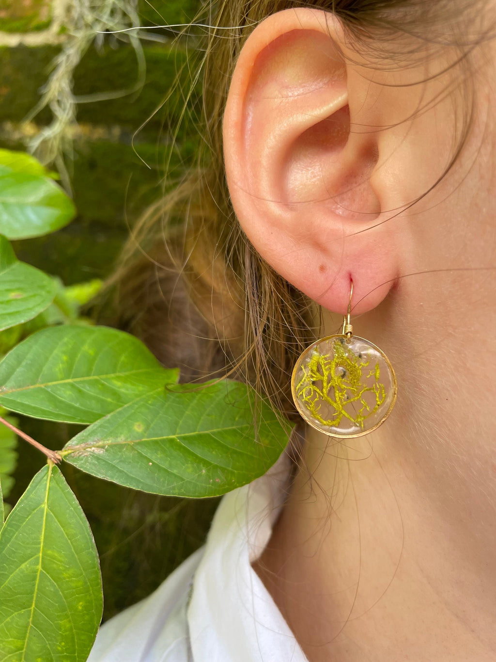 Green Moss Earrings: Gold Resin Botanical Jewelry, Nature Gift