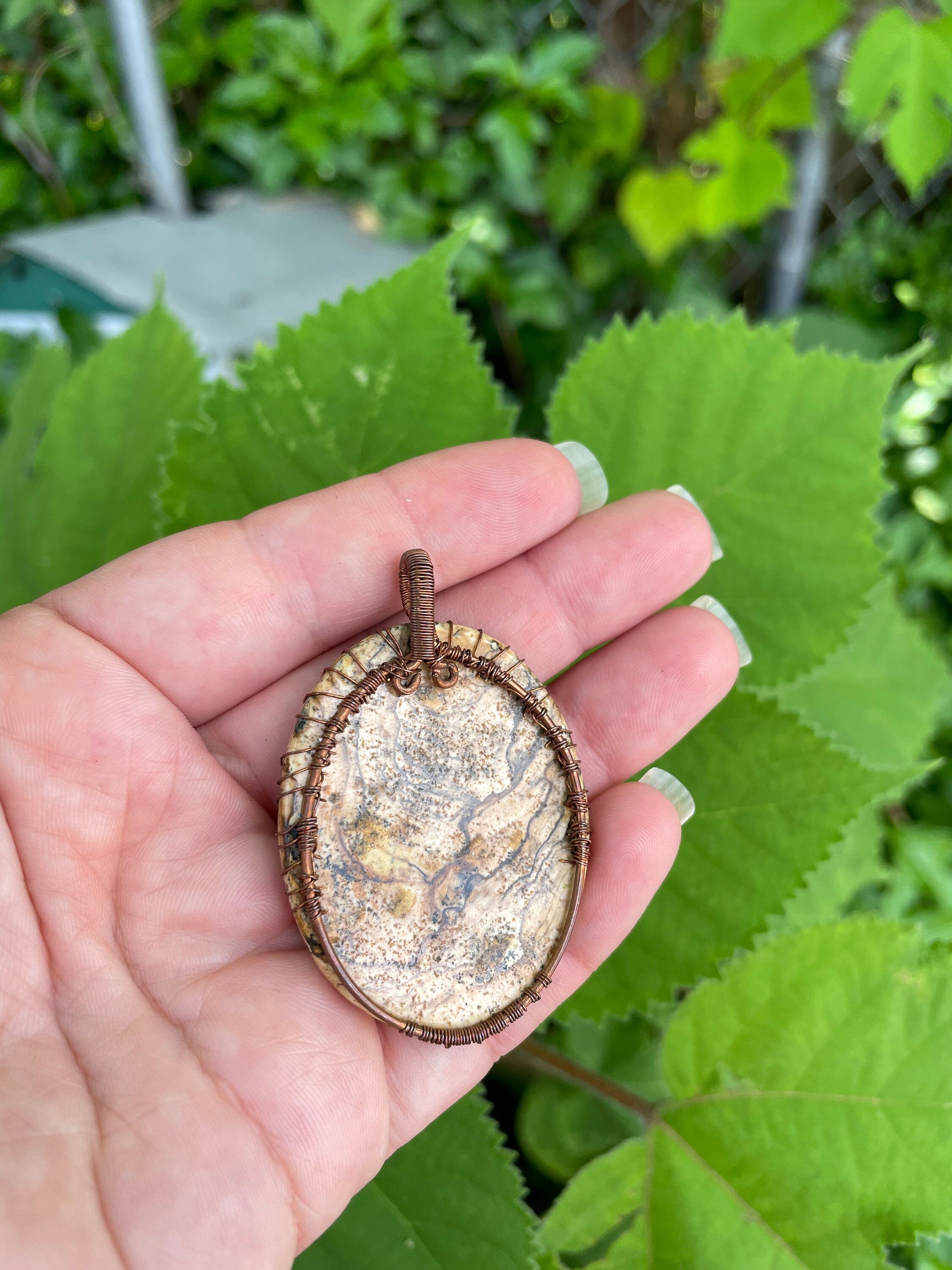 Copper Wire Wrapped Oval Picture Jasper Tree of Life Pendant - Unique Mens Chain Pendant Necklace