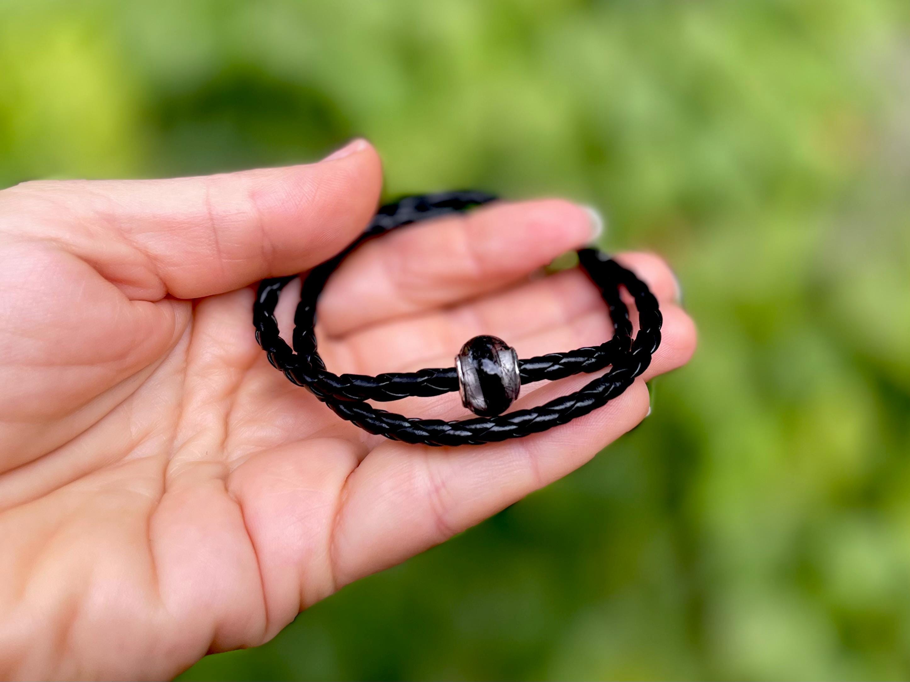 Mourning Jewelry Custom hair / Funeral Flowers European Bead memorial leather bracelet for men