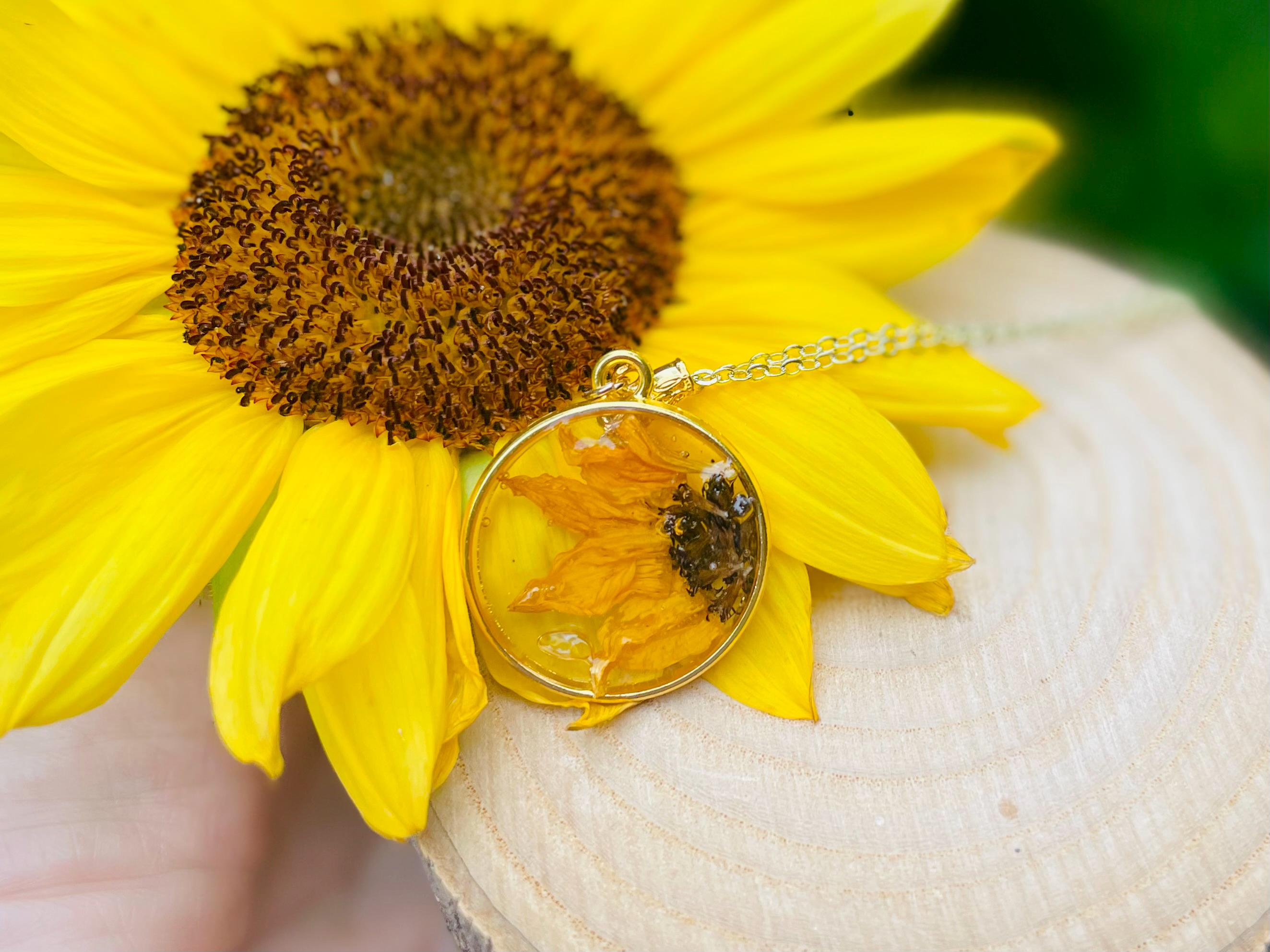 Personalized Real Sunflower Necklace Pendant: 40th Birthday Gift - Gold or Silver Personalized Milestone