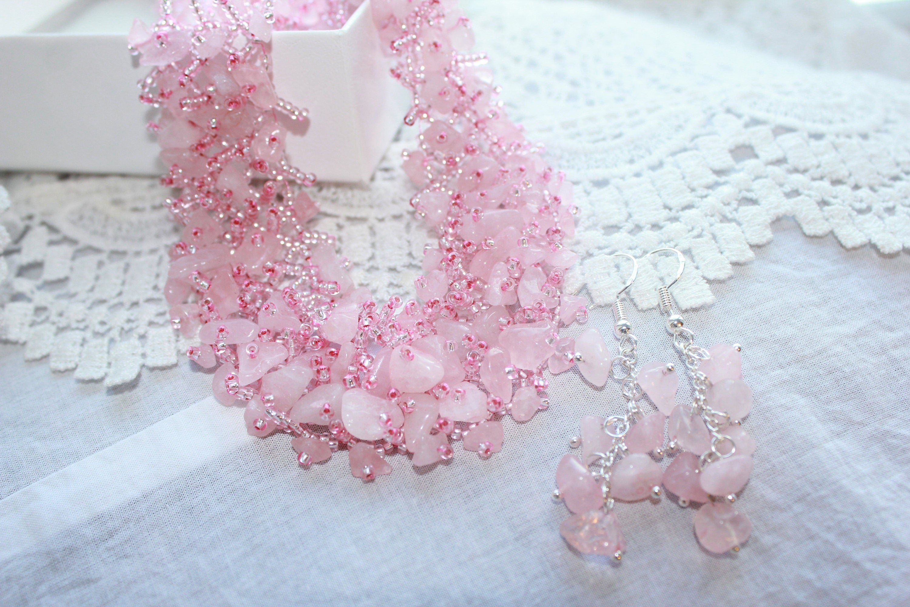 Pressed Flower Initial Charm Necklace: Rose Quartz Crystal Bridal Choker October Birthstone