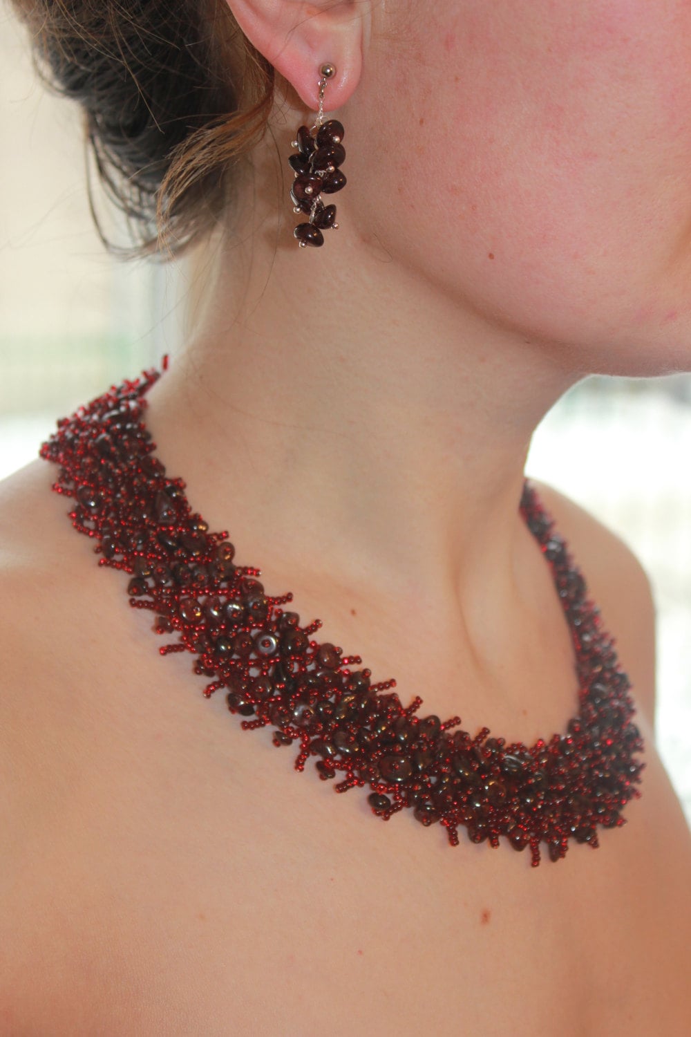 Garnet Beaded Choker Necklace: Personalized Initial, January Birthstone